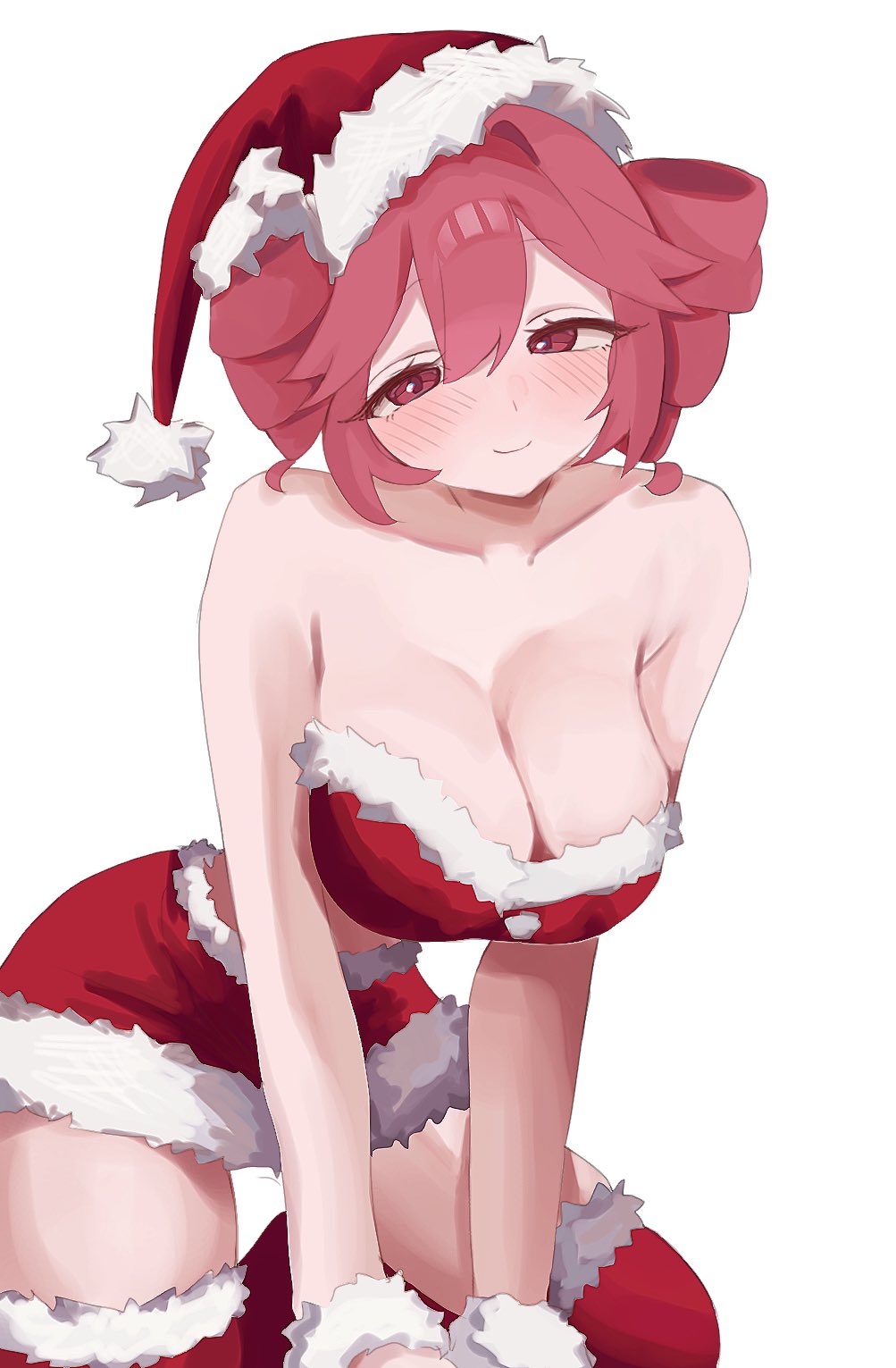 1girls 2d 2d_(artwork) big_breasts blush breasts christmas christmas_hat christmas_outfit cleavage female female_only kasane_teto kneeling large_breasts red_eyes red_hair skirt solo thighhighs twin_drills ur_(ur_o_) utau