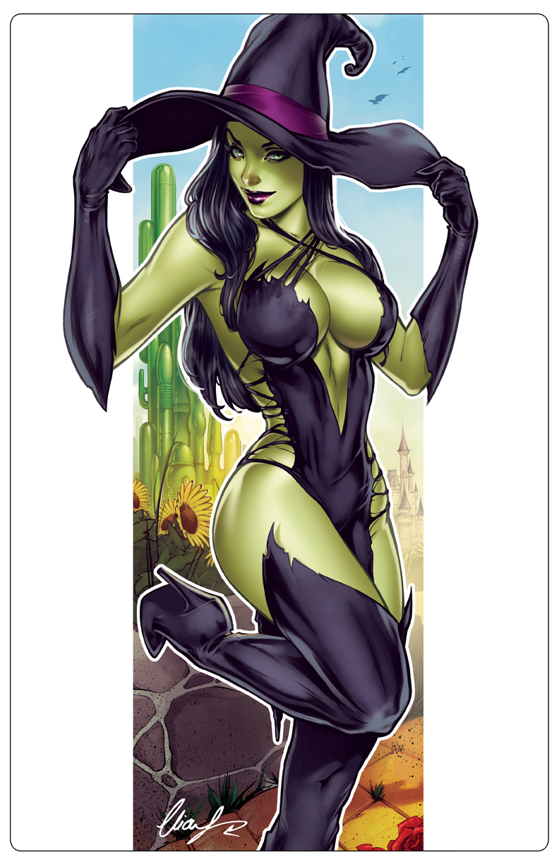 1girls big_breasts black_hair breasts busty cityscape cleavage dress elias_chatzoudis eye_contact eyeshadow female female_only front_view gloves green_eyes green_skin grimm_fairy_tales_(comic) hat large_breasts leg_up leotard lipstick looking_at_viewer lynessa_(zenescope) makeup mascara oz pinup purple_dress purple_gloves purple_hat purple_leotard red_lips red_lipstick rose seductive seductive_smile skyline smile smiling solo the_wizard_of_oz thighs wicked_witch_of_the_west yellow_brick_road zenescope zenescope_entertainment