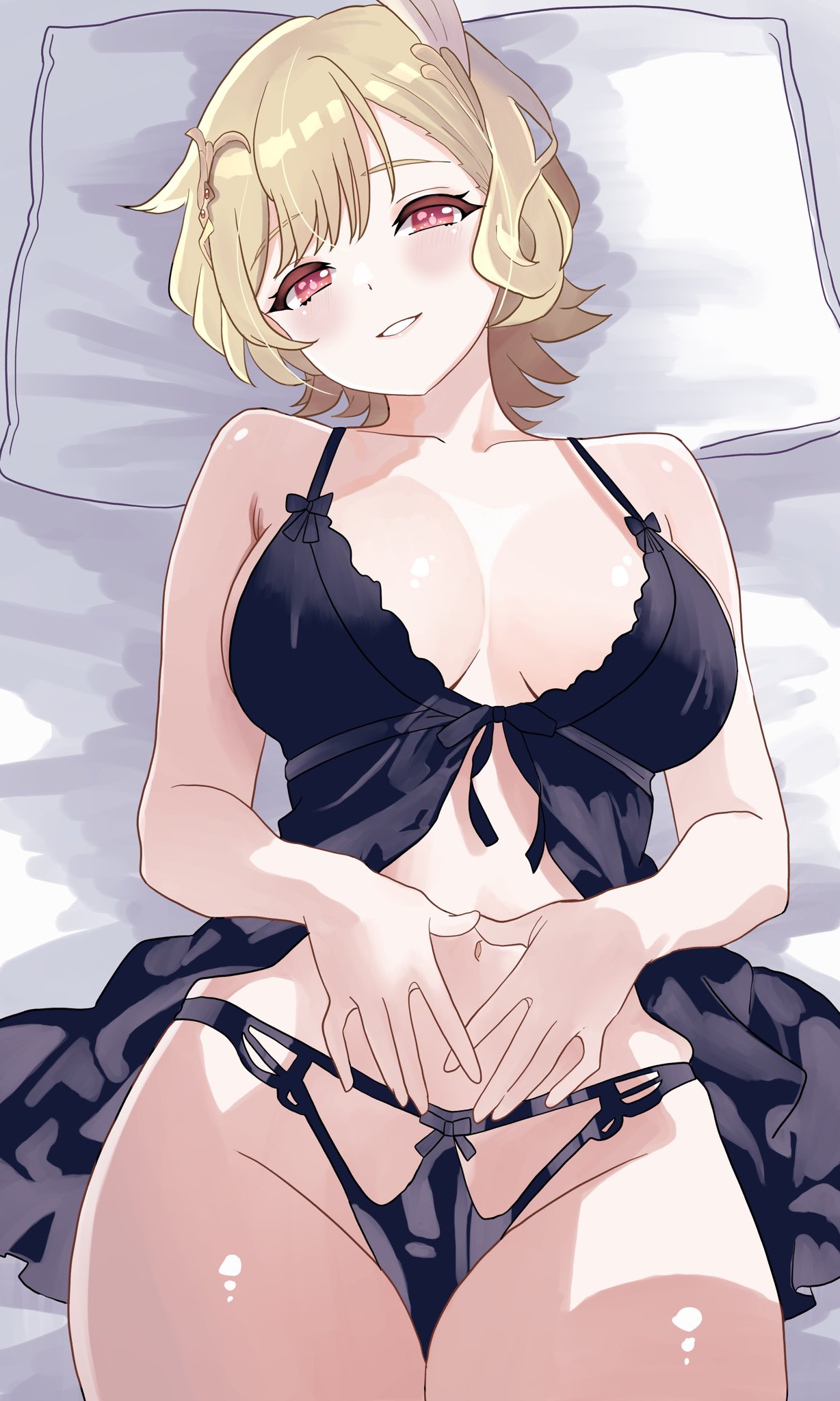 1girls black_lingerie blonde_hair blush citrinne_(fire_emblem) female female_focus female_only fire_emblem fire_emblem_engage human human_only jewerly light-skinned_female light_skin lingerie n_54 nintendo no_sex no_text pillow red_eyes solo solo_female tagme twitter_link