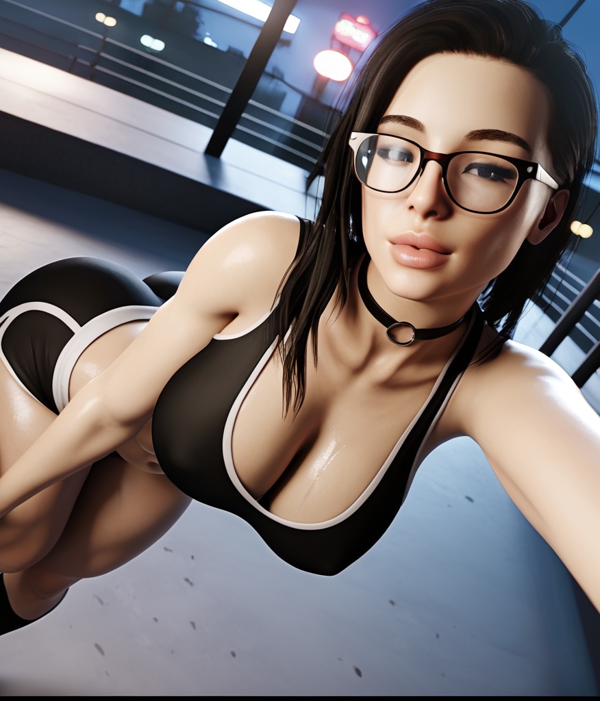 1girls 3d abs ai_generated big_ass big_breasts black_hair choker glasses goth goth_girl kneehighs kneesocks lauren(oc) radnsad short_shorts shorts sneakers solo solo_female solo_focus sports_bra sweat sweaty thick_thighs