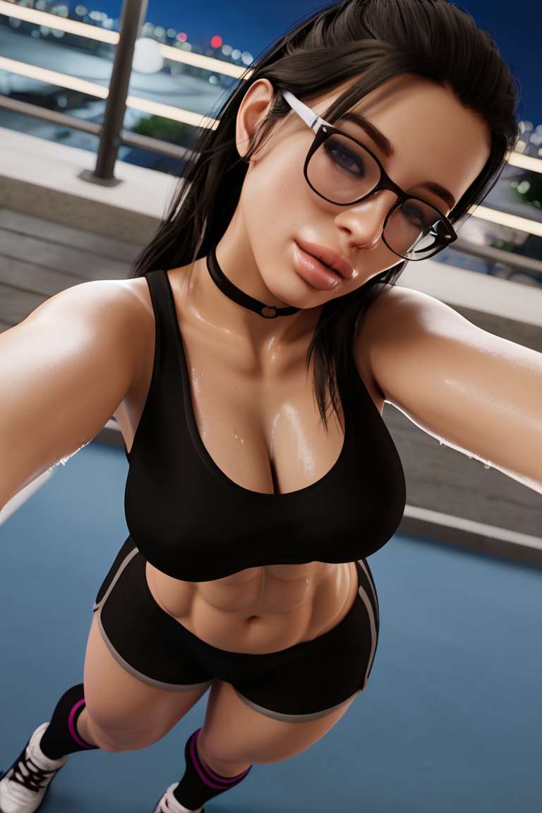 1girls abs ai_generated big_ass big_breasts black_hair choker glasses goth goth_girl kneehighs kneesocks lauren(oc) radnsad short_shorts shorts sneakers solo solo_female solo_focus sports_bra sweat sweaty thick_thighs