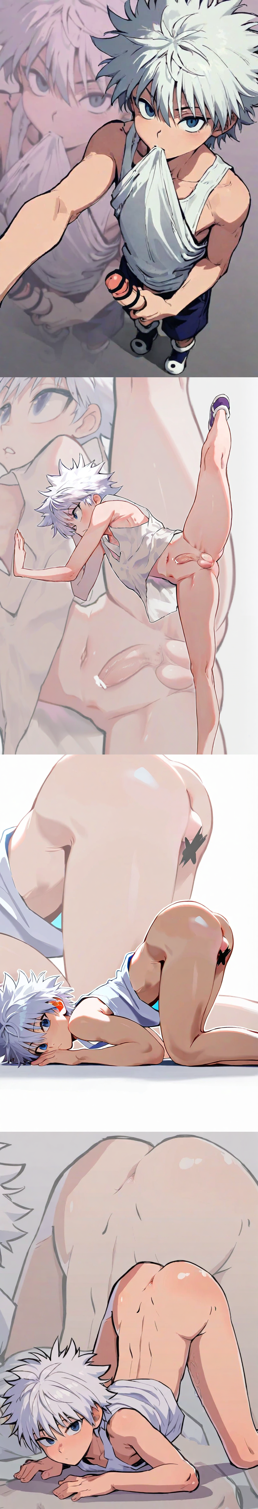 1boy ai_generated ass_up holding_penis hunter_x_hunter killua_zoldyck lifting_ass long_image looking_at_viewer presenting presenting_anus presenting_butt silver_hair white_hair