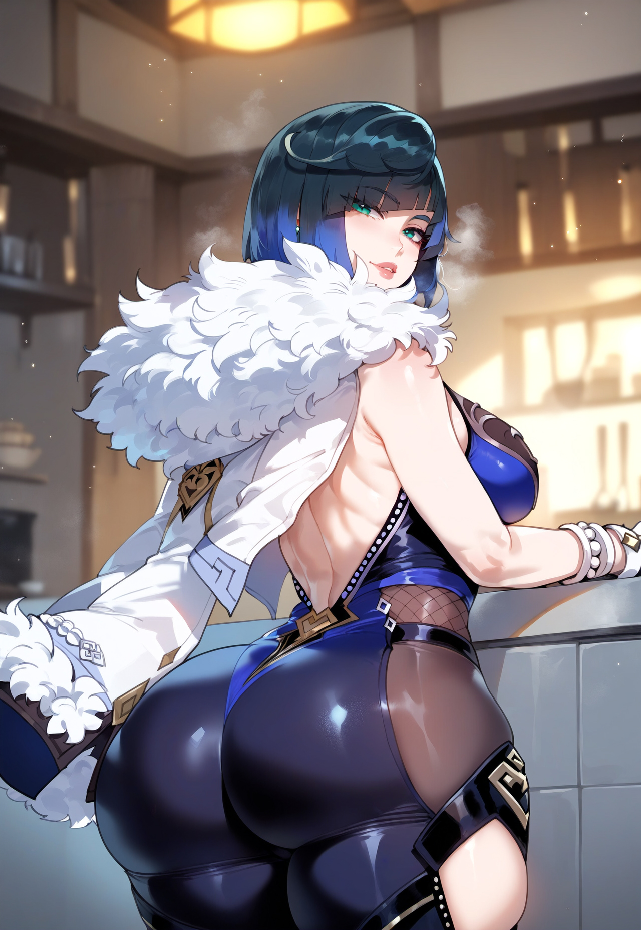 1girls, ai generated, ass, ass focus, back, backless outfit, bangs, bare shoulders, big breasts, black hair, blue dress, blue hair, blush, bob cut, bodysuit, bracelet, breasts, clothing, clothing cutout, curvaceous, curvaceous female, curvaceous figure, curvy, curvy figure, diagonal bangs, dress, earrings, female, female focus, female only, from behind, fur trim, fur-trimmed jacket, genshin impact, gloves, gradient hair, green eyes, hip vent, huge ass, indoors, inviting, inviting to sex, jacket, jacket on shoulders, jewelry, large breasts, light-skinned female, lips, looking at viewer, looking back, miyuai, mole, multicolored hair, pants, parted lips, presenting, presenting ass, presenting breasts, presenting hindquarters, presenting self, seductive, seductive look, seductive smile, shiny clothes, short hair, skin tight, smile, solo, thick thighs, thighs, tight clothes, tight pants, two-tone hair, voluptuous, voluptuous female, white gloves, white jacket, yelan (genshin impact)