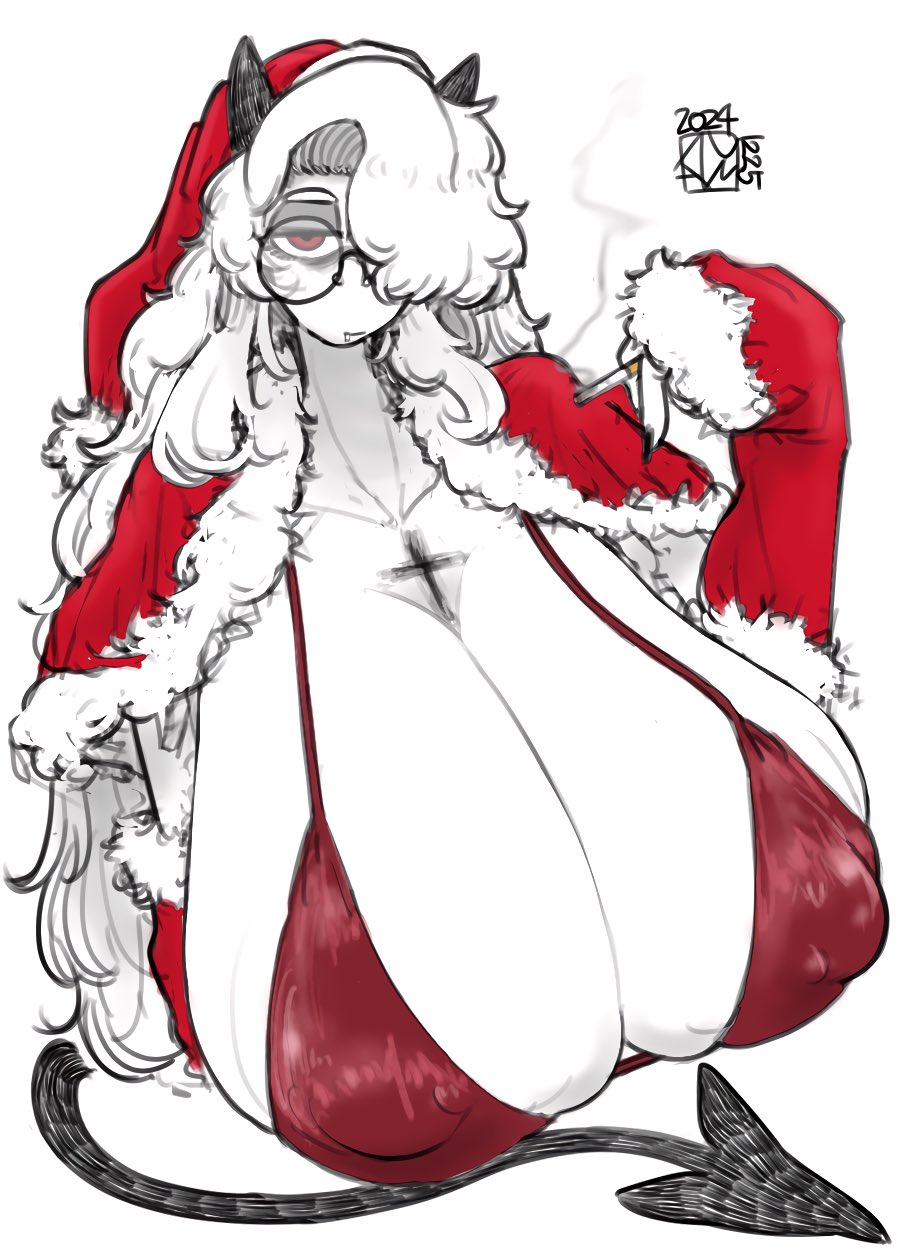 1girls ayatakazumu breasts breasts_bigger_than_head christmas_outfit cigarette cleavage cross demon_girl demon_tail female female_only gigantic_breasts glasses hair_over_one_eye helltaker horns huge_breasts nipple_bulge red_eyes tail upper_body white_background white_hair zdrada_(helltaker)