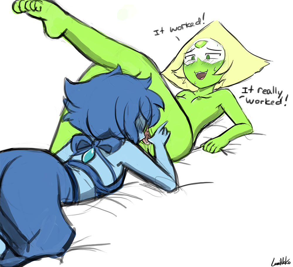 2016, 2girls, areolae, ass, blue skin, blush, breasts, cartoon network, clothed female nude female, clothing, cunnilingus, feet, female, female only, fingering, gem (species), grabbing sheets, green skin, lapis lazuli (steven universe), lumineko, multiple females, multiple girls, nipples, nude, peridot (steven universe), pussy, pussy juice, small breasts, steven universe, text, yuri