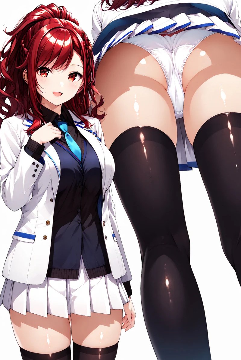 ai_generated bare_thighs big_ass big_breasts big_butt cameltoe fat_ass gigantic_ass huge_breasts huge_thighs isekai_de_cheat_skill_wo_te_ni_shita_ore_wa_genjitsu_sekai_wo_mo_musou_suru kazama_kaede light-skinned_female light_skin looking_at_viewer massive_ass massive_breasts panties pantyhose ponytail red_eyes red_hair school_uniform schoolgirl smiling solo_female squatting stockings sweat sweatdrop thick_body thick_female thick_thighs thighs voluptuous voluptuous_female yoshi_(artist)