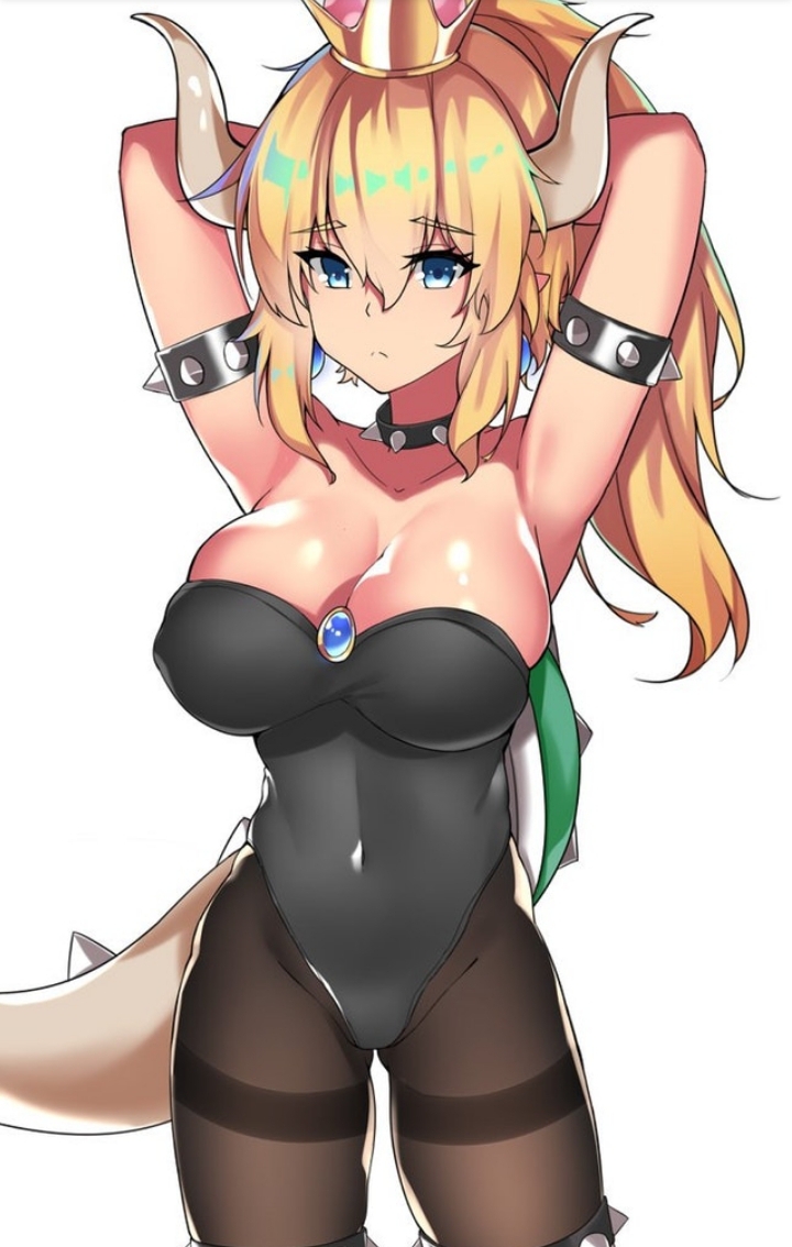 blue eyes, bowsette, breasts, cameltoe, cleavage, female, genderswap, lumu yuanxiang, mario (series), new super mario bros. u deluxe, nintendo, pussy, rule 63, white background