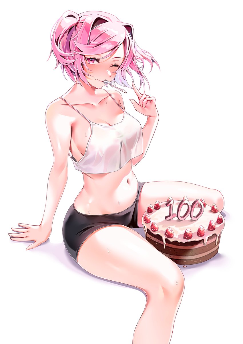 1girls 2d bare_belly bare_legs belly_button blush cake celebrating doki_doki_literature_club female_only hair_intakes kneeling looking_at_viewer machulanko medium_breasts natsuki_(doki_doki_literature_club) no_bra one_eye_closed pants petite petite_body pink_hair see-through_clothing shorts sitting slim_waist smiling_at_viewer solo solo_female thick_ass top wide_hips