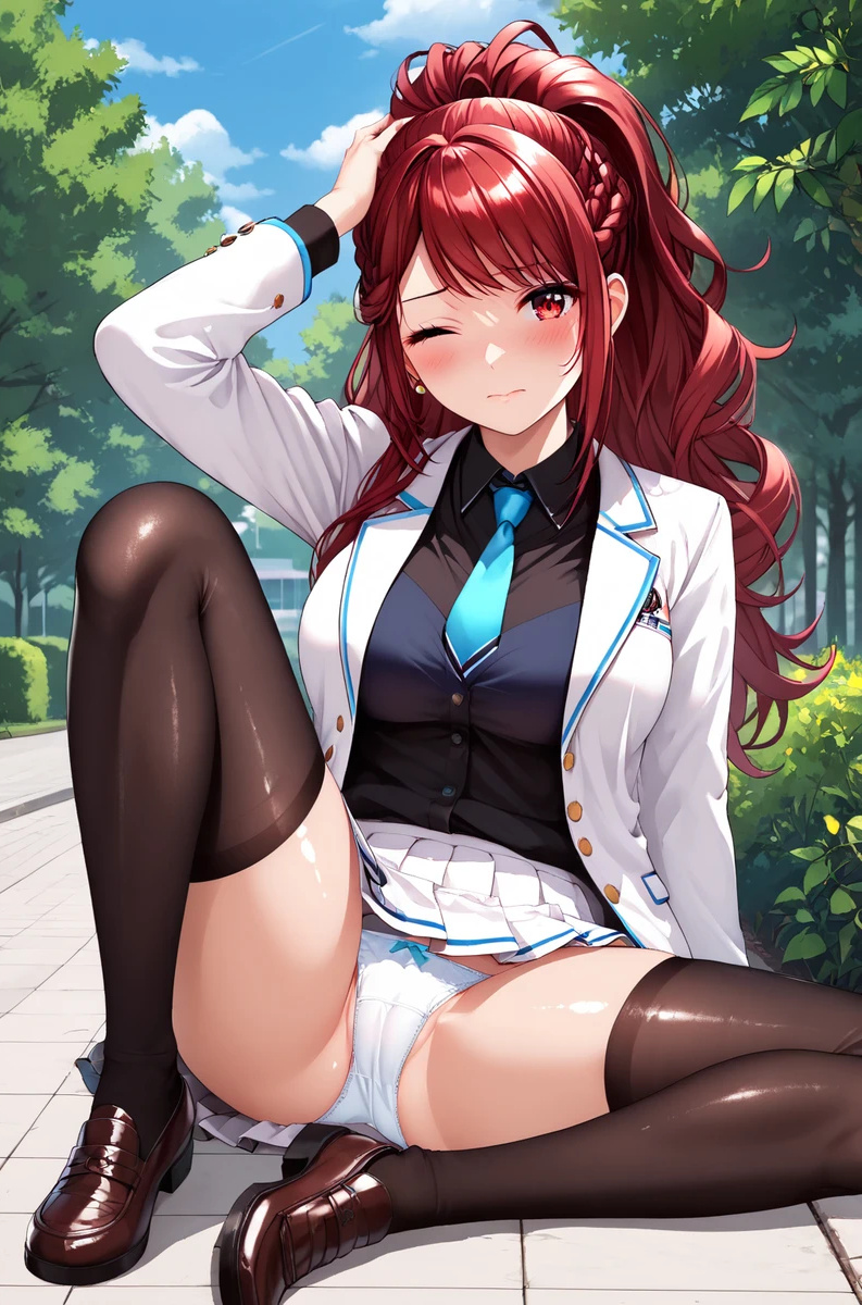 ai_generated bare_thighs big_breasts blush cameltoe huge_breasts huge_thighs isekai_de_cheat_skill_wo_te_ni_shita_ore_wa_genjitsu_sekai_wo_mo_musou_suru kazama_kaede light-skinned_female light_skin looking_at_viewer massive_breasts panties pantyhose ponytail red_eyes red_hair school_uniform schoolgirl solo_female squatting stockings sweat sweatdrop thick_body thick_female thick_thighs thighhighs thighs voluptuous voluptuous_female yoshi_(artist)