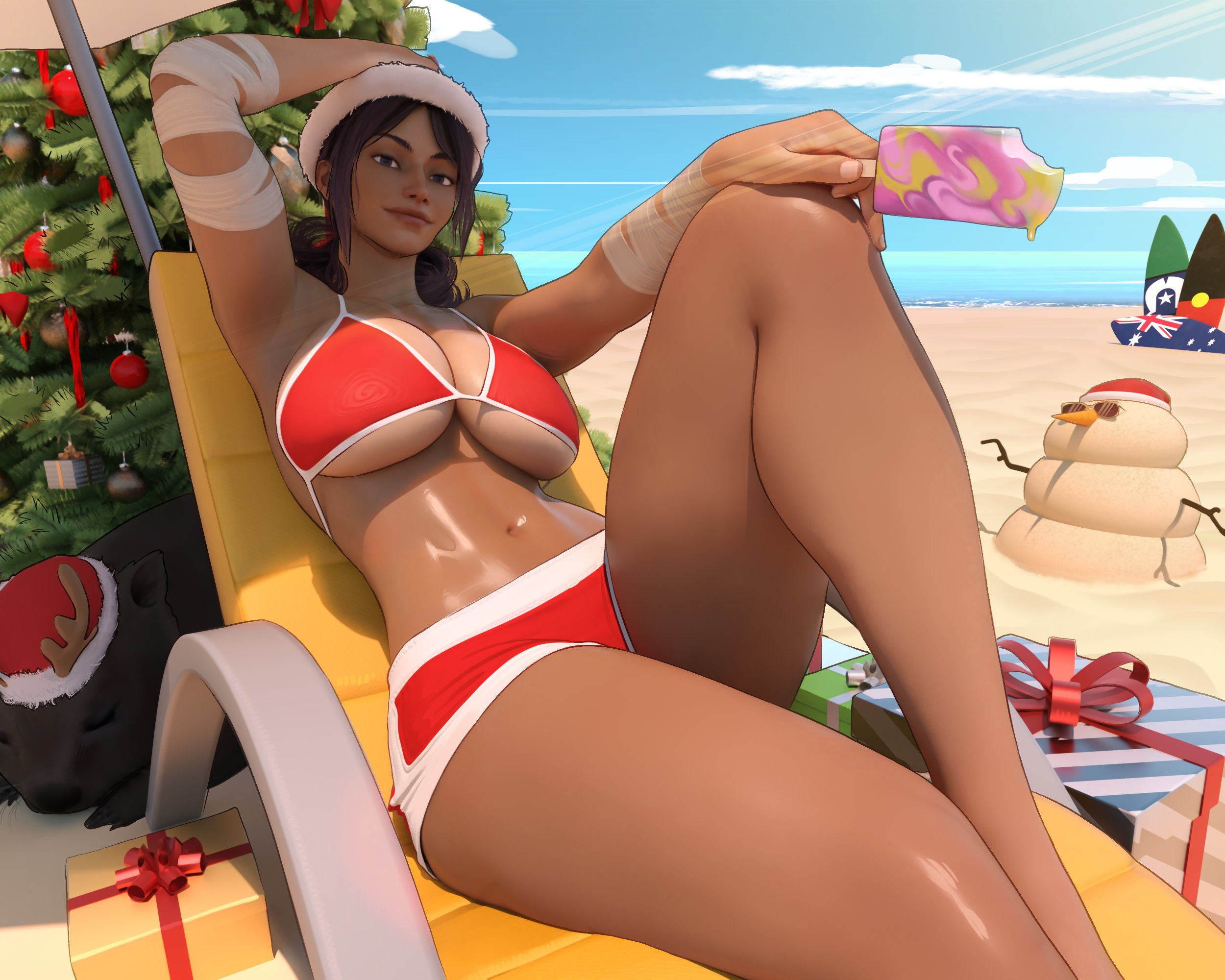 2025, 3d, beach, big breasts, bikini, christmas, christmas bikini, dark-skinned female, dolphin shorts, holidays, ice cream, looking at viewer, original, original character, popogori, shorts, tagme, tan skin, tan-skinned female, tanned, tanned skin, thick thighs