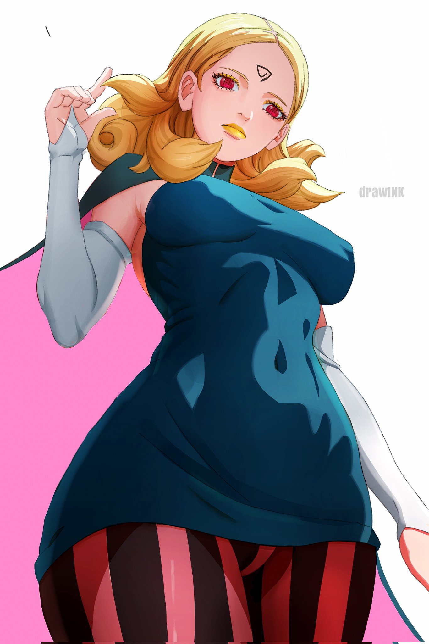 belly_visible_through_clothing big_breasts blonde_female blonde_hair blonde_hair boruto:_naruto_next_generations boruto:_two_blue_vortex breasts cape delta_(boruto) drawink dress forehead_mark green_dress low-angle_view naruto naruto_(series) pink_eyes skirt sleveless solo_female stripes tight_clothes tight_clothing tights