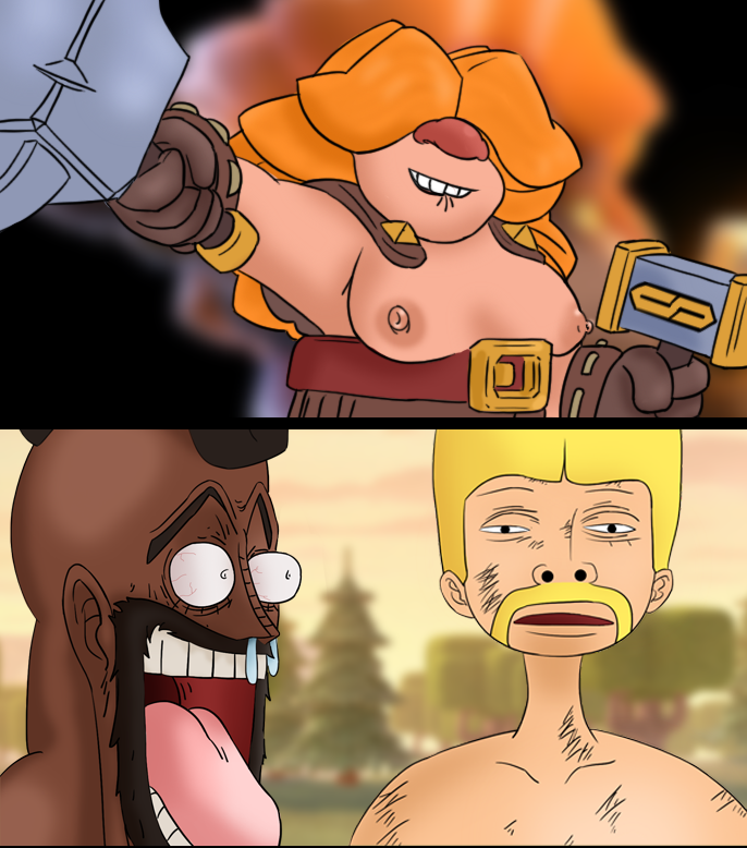 barbarian barbarian_(clash_of_clans) breasts breasts_out clash_(series) clash_royale damn_da damn_daniel dark-skinned_male dark_skin first_porn_of_character ginger ginger_hair hair_covering_eye hammer hog_rider light-skinned_female light-skinned_male meme orange_hair red_nose rune_giant_(clash_royale) shitpost shittyartz supercell