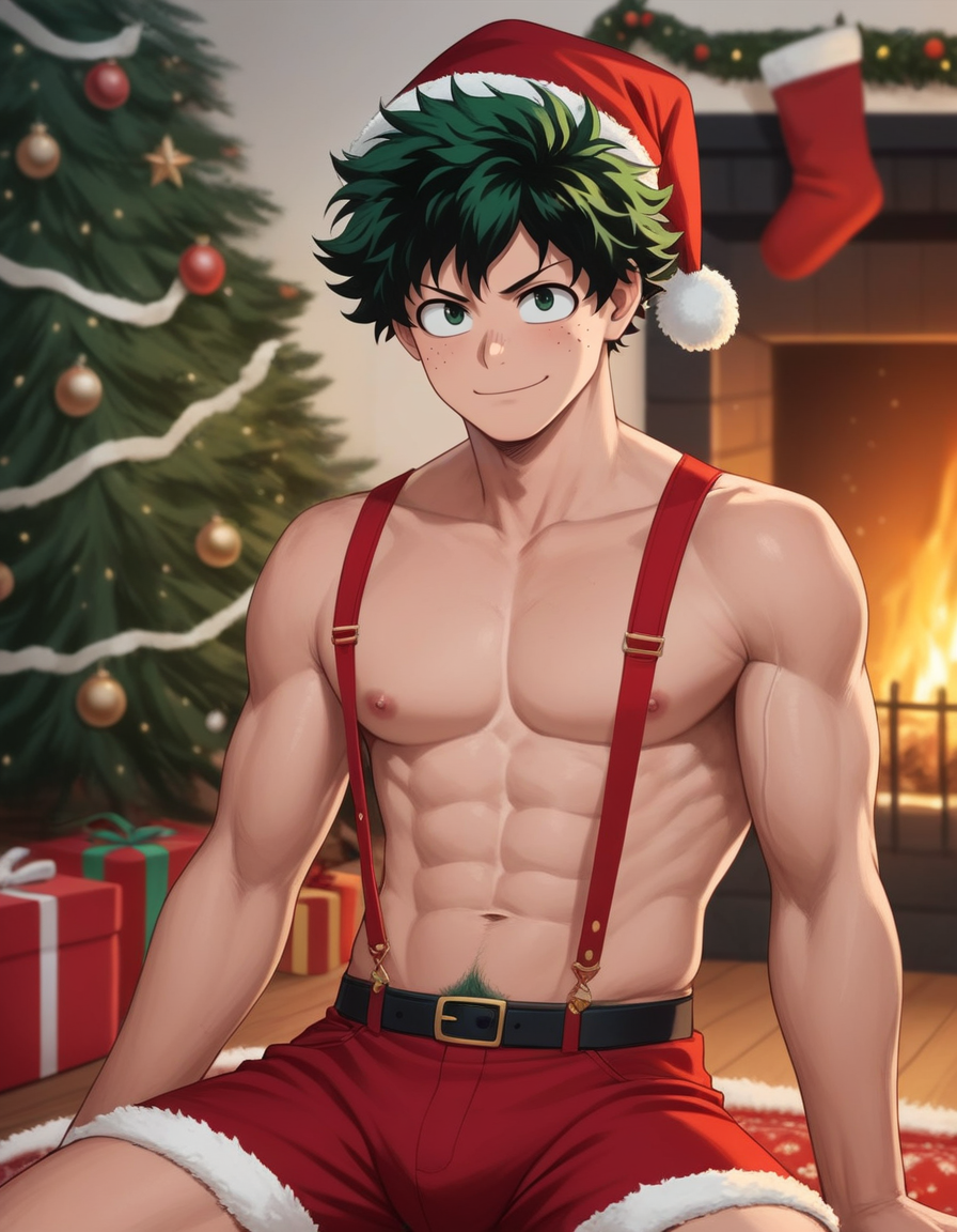 1boy abs ai_generated belt boku_no_hero_academia bsky_link bulge christmas christmas_clothing christmas_decorations christmas_hat christmas_outfit christmas_present christmas_tree dvxxxgrai fireplace green_eyes green_hair izuku_midoriya male male_only midoriya_izuku my_hero_academia nipples pixai pony_diffusion_xl pubic_hair red_shorts santa_hat seated shorts solo solo_male suspenders tagme toned toned_body toned_male topless topless_male twitter_link