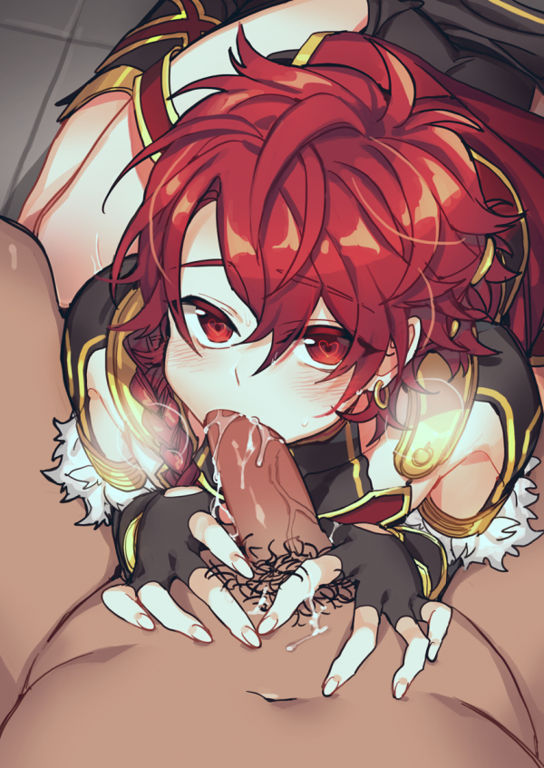 2boys, alexander (fate/grand order), androgynous, arched back, between legs, blush, cheek bulge, clothed male nude male, cum, cum in mouth, cum inside, cum on body, earrings, erection, fate (series), fate/grand order, fellatio, femboy, fingerless gloves, gay, girly, gloves, heart-shaped pupils, kneeling, looking at viewer, lowersugar, male, male only, multiple boys, multiple males, navel, nude, oral, penis, pov, pubic hair, red eyes, red hair, saliva, sex, short hair, sucking, trap, yaoi