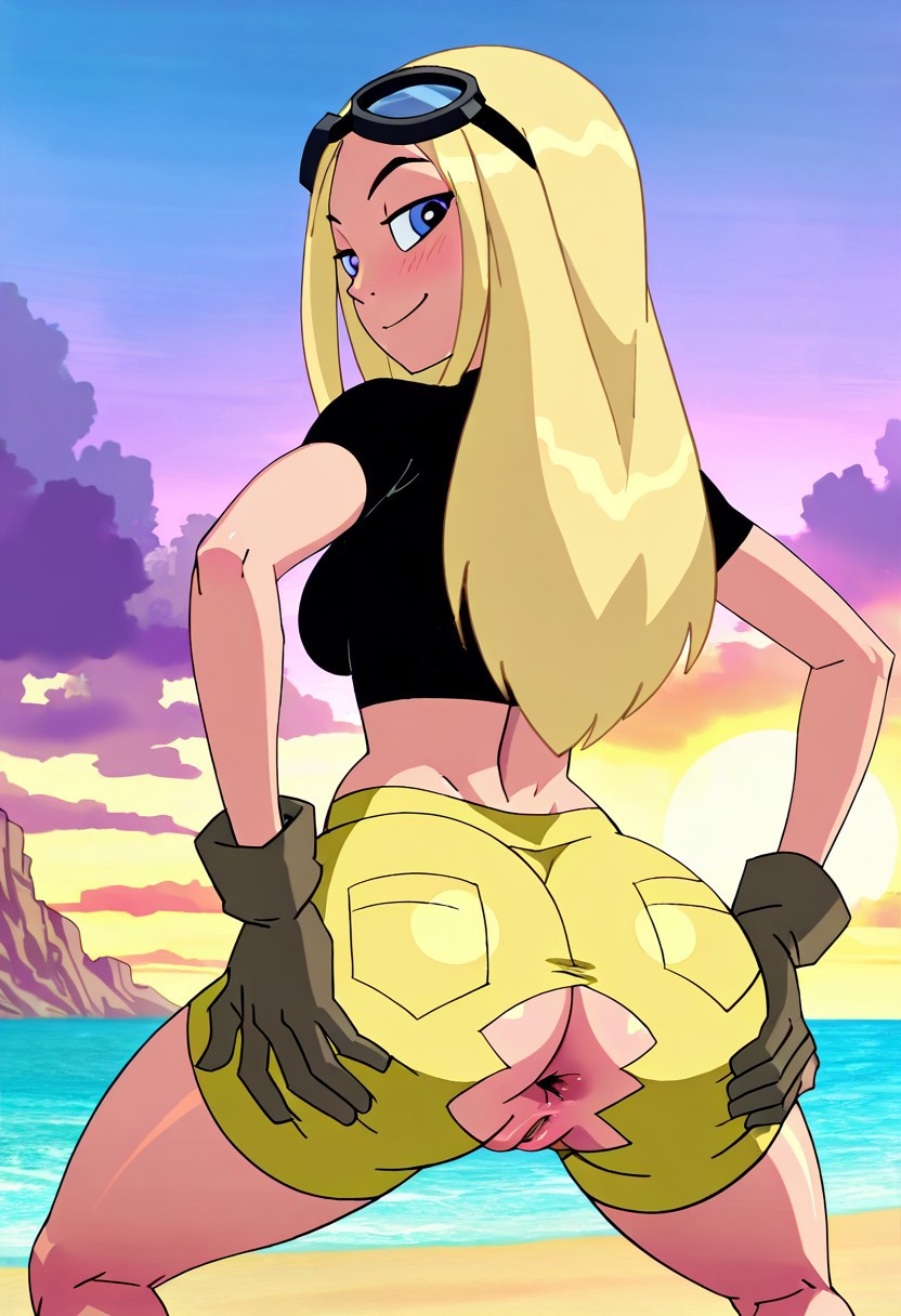 anus beach blonde_female blonde_hair blue_eyes cute dat_ass exposed exposed_ass exposed_pussy pussy ripped_clothing ripped_pants seductive solo solo_female solo_focus teen_titans terra_(dc)