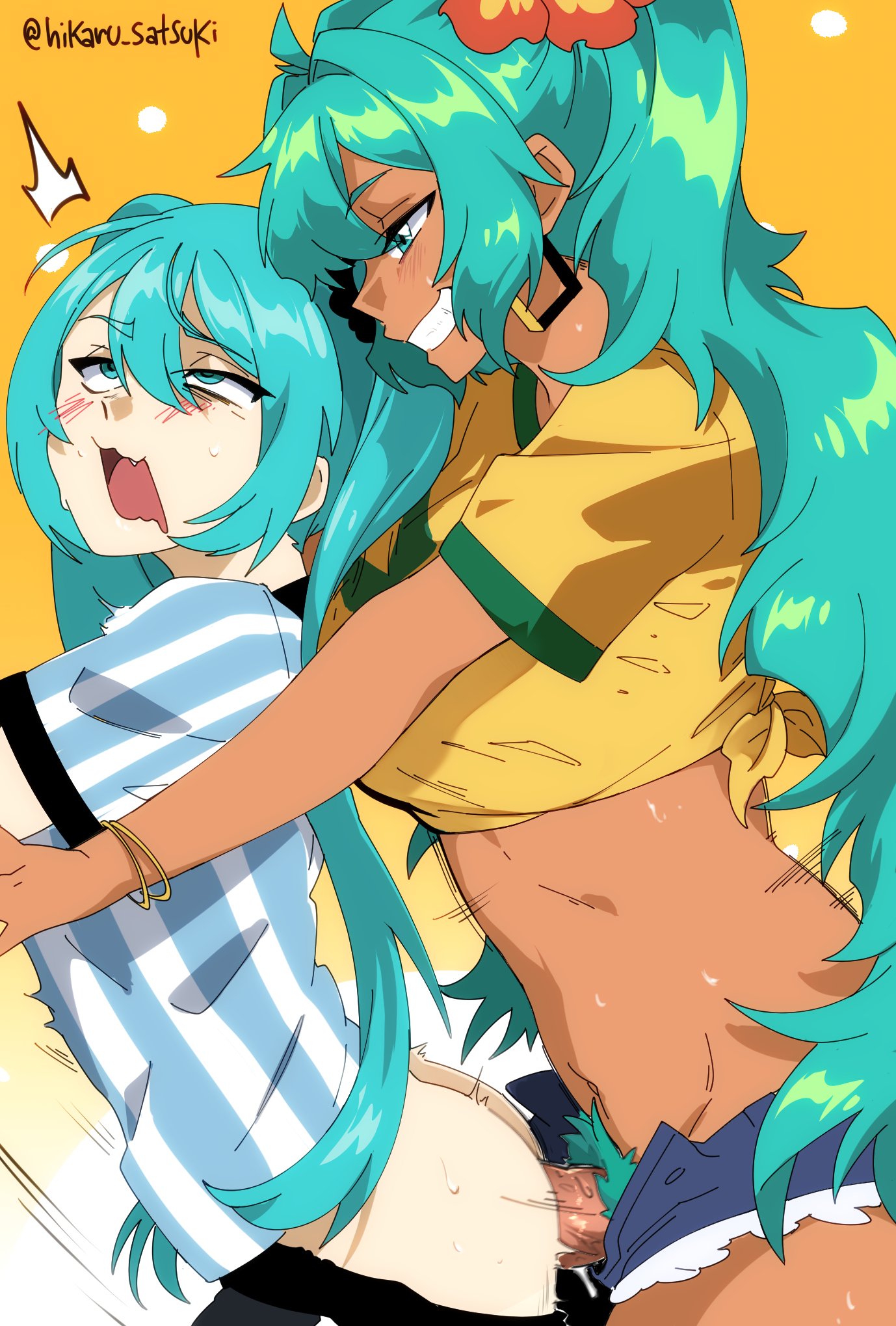 2girls aqua_eyes aqua_hair aqua_pubic_hair blue_shirt blue_shorts bracelet brazilian_miku clothed_sex colored_pubic_hair commentary_request cropped_shirt dark-skinned_female dark_skin denim denim_shorts earrings female_pubic_hair from_side futa_with_female futanari grin hair_between_eyes hatsune_miku highres hikaru_satsuki jewelry long_hair multiple_girls open_mouth penis pubic_hair rolling_eyes sex sex_from_behind shirt short_sleeves shorts smile striped_clothes striped_shirt tied_shirt twintails vocaloid white_shirt yellow_background yellow_shirt