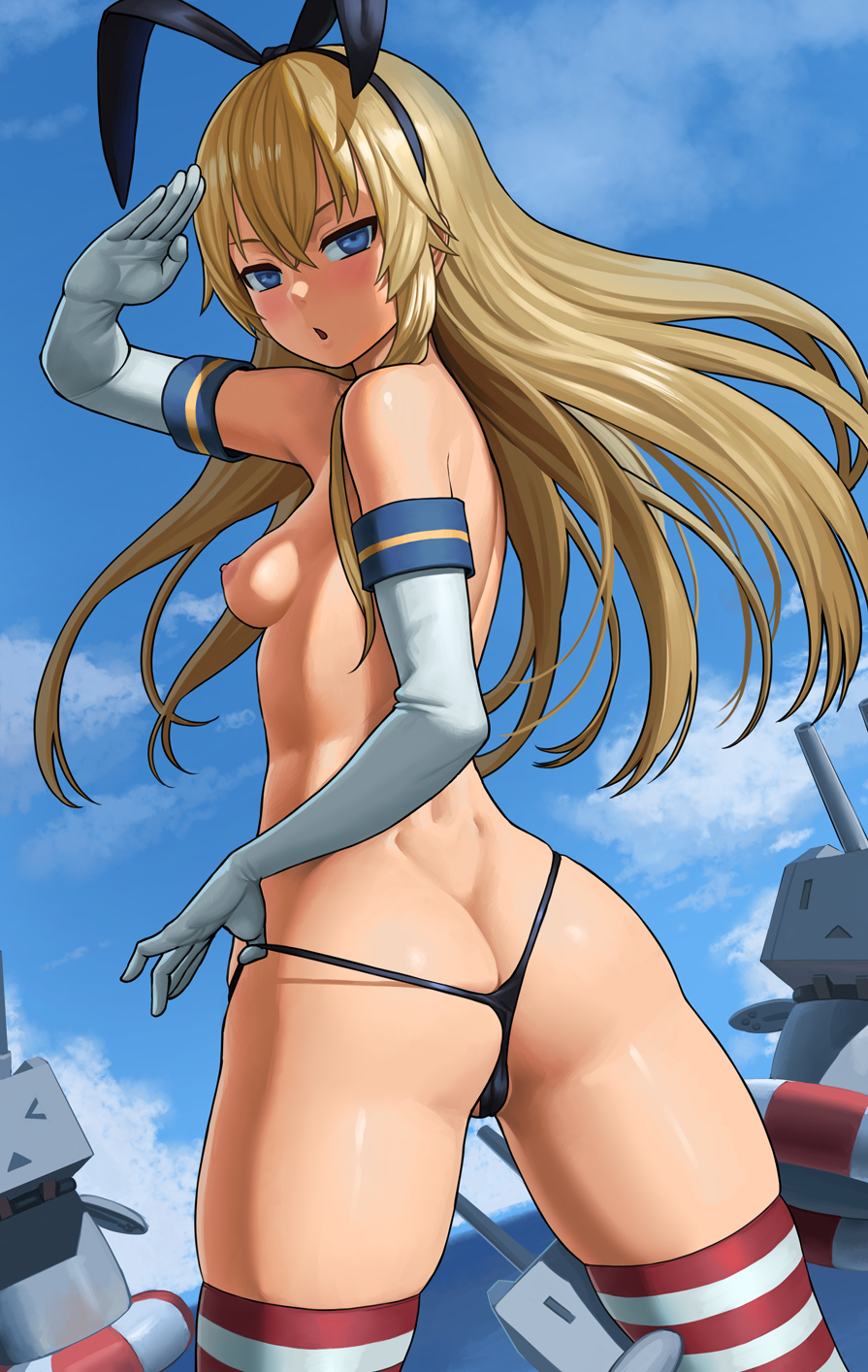 1girls areolae blonde_hair blue_eyes female female_only kantai_collection lasterk looking_at_viewer looking_back nipples panties shimakaze_(kantai_collection) thighhighs topless