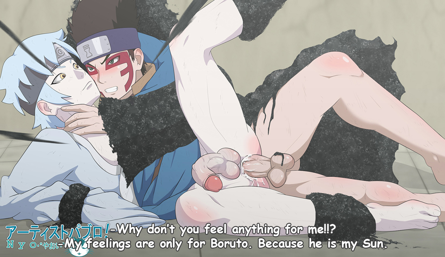 2boys, anal, anal insertion, anal sex, ass, balls, barefoot, black hair, blue hair, blush, bondage, boruto: naruto next generations, clothing, cum, cum in ass, cum inside, cumshot, dialogue, feet, forehead protector, gay, green eyes, hand around neck, hand on neck, leg up, legs, light skin, light-skinned male, male, male only, male penetrating, mitsuki (naruto), naruto, naruto (series), no pants, onoro nyo, outdoors, pale skin, pale-skinned male, pantless, penis, sex, shinki (boruto), spread legs, strangling, teeth, testicles, text, toes, white skin, yaoi, yellow eyes