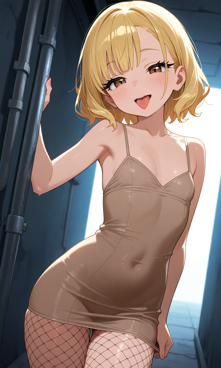 ai_generated beige_dress blonde_hair brown_eyes fishnet_pantyhose flat_chest medium_hair pantyhose small_breasts smaller_female tight_clothes tight_dress tongue tongue_out