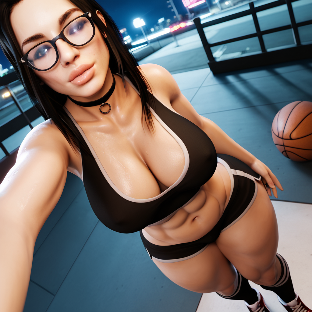 1girls 3d abs ai_generated big_ass big_breasts black_hair choker glasses goth goth_girl kneehighs kneesocks lauren(oc) radnsad short_shorts shorts sneakers solo solo_female solo_focus sports_bra sweat sweaty thick_thighs