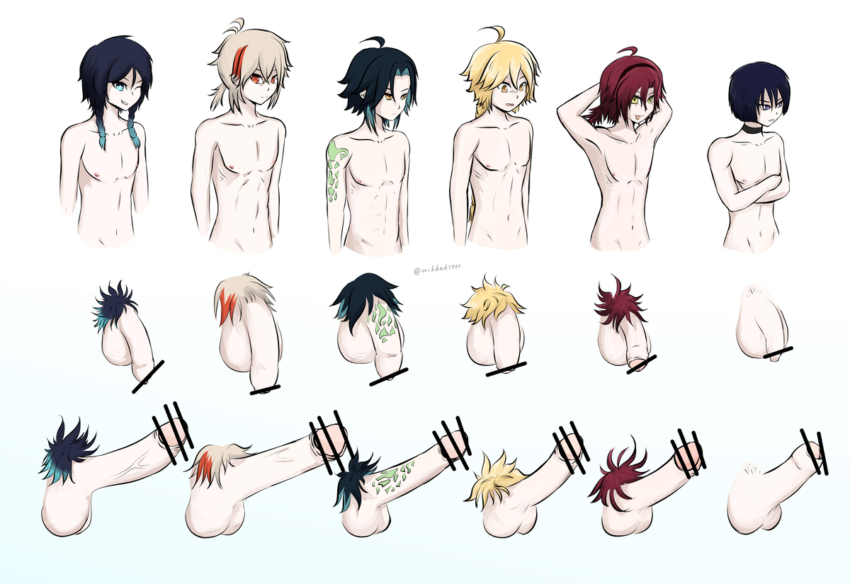 2d, 6boys, aether (genshin impact), censor bar, censored, chart, color, colored pubic hair, erect penis, erection, femboy, flaccid, flaccid penis, foreskin, gay, genshin impact, kaedehara kazuha, male, male only, multiple boys, multiple males, multiple penises, nude, penis, penis chart, penis comparison, penis size chart, penis size comparison, penis size difference, pubic hair, scaramouche (genshin impact), shikanoin heizou, size chart, size comparison, tagme (artist), tattoo, uncircumcised, unknown artist, venti (genshin impact), xiao (genshin impact)