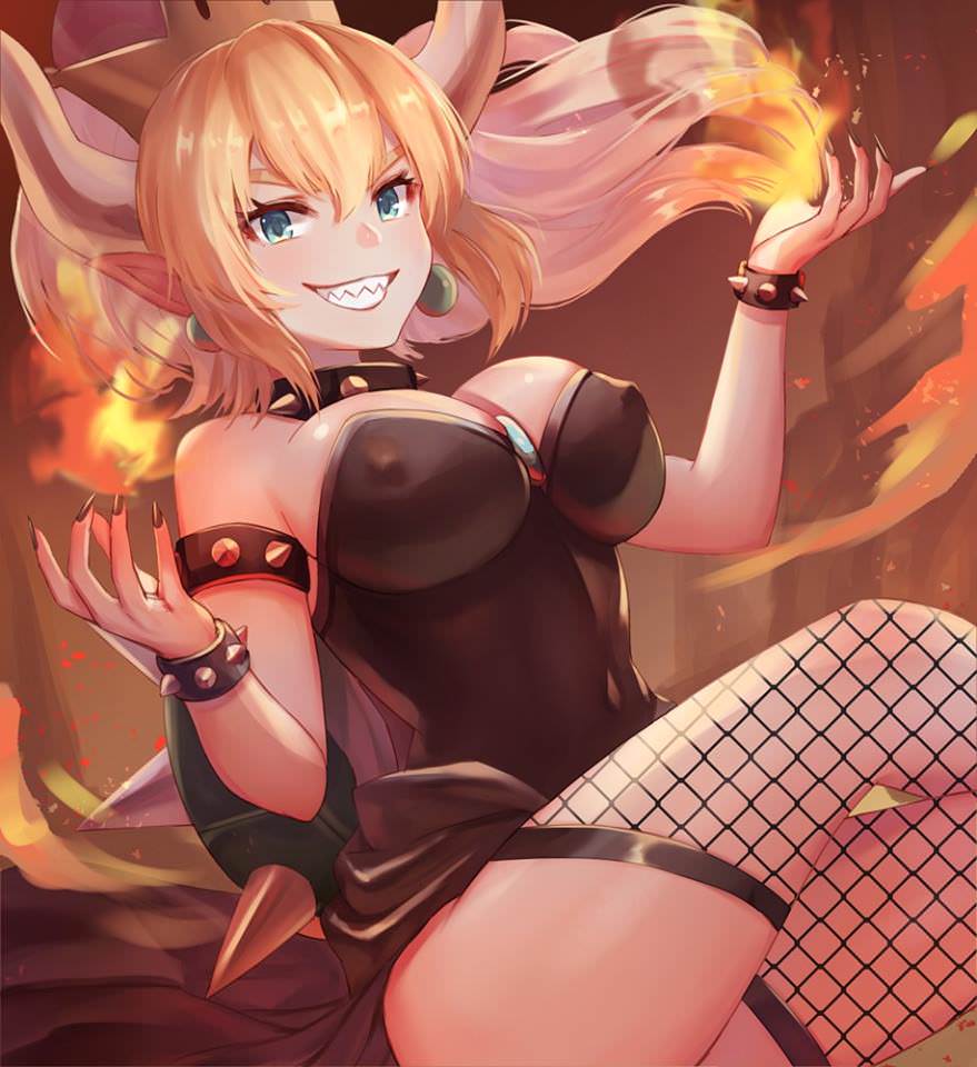 blonde hair, bowsette, breasts, cleavage, dolce (dolsuke), dress, female, genderswap, mario (series), new super mario bros. u deluxe, nintendo, rule 63, thighs