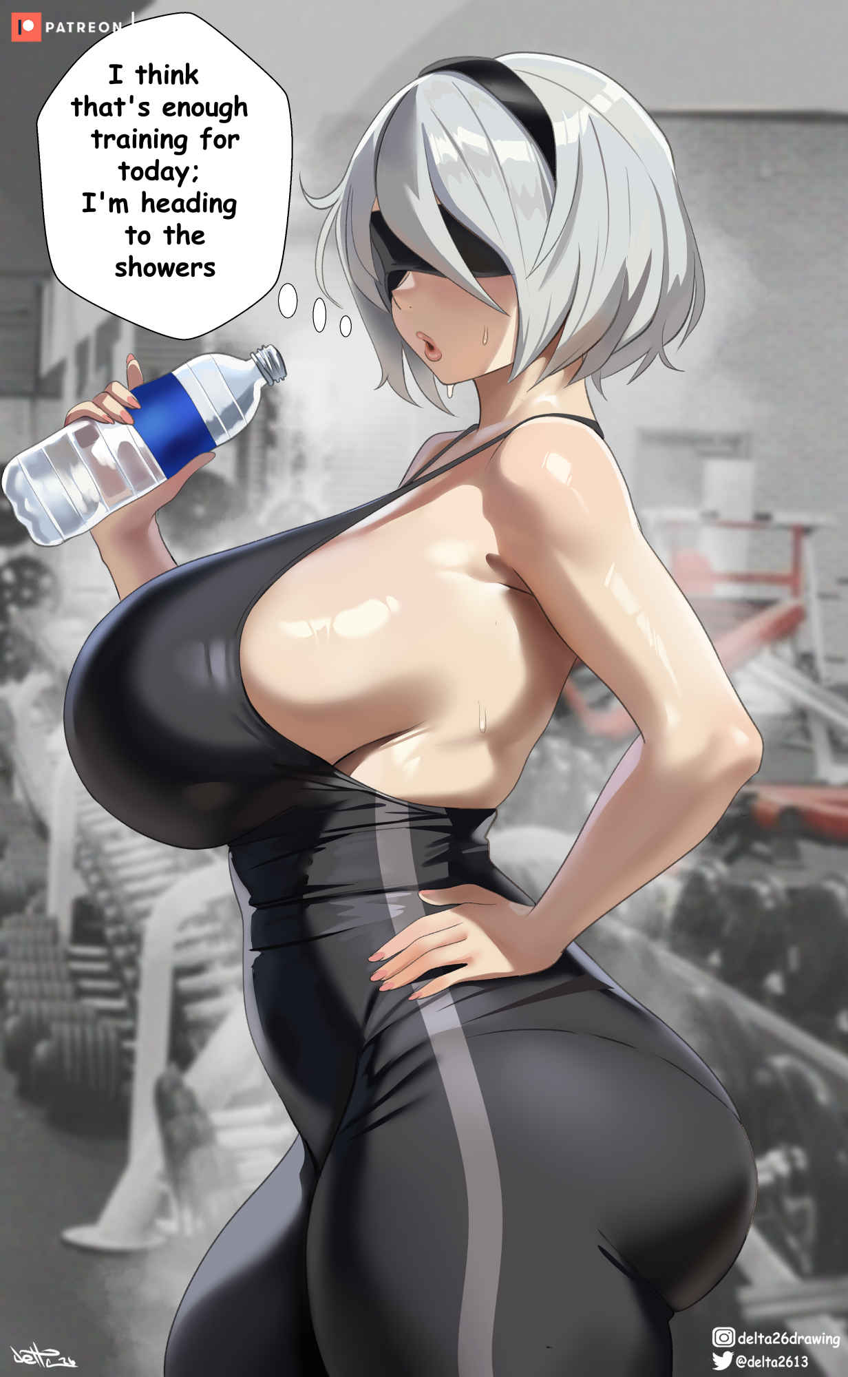 ass big_ass big_breasts big_butt black_blindfold blindfold breasts clothed clothed_female delta26 exercise exercising exhausted exhausted_female female female_focus female_only light-skinned_female light_skin nier nier:_automata nier_(series) side_view solo solo_female solo_focus tired water water_bottle white-hair white_hair white_hair_female yorha_2b