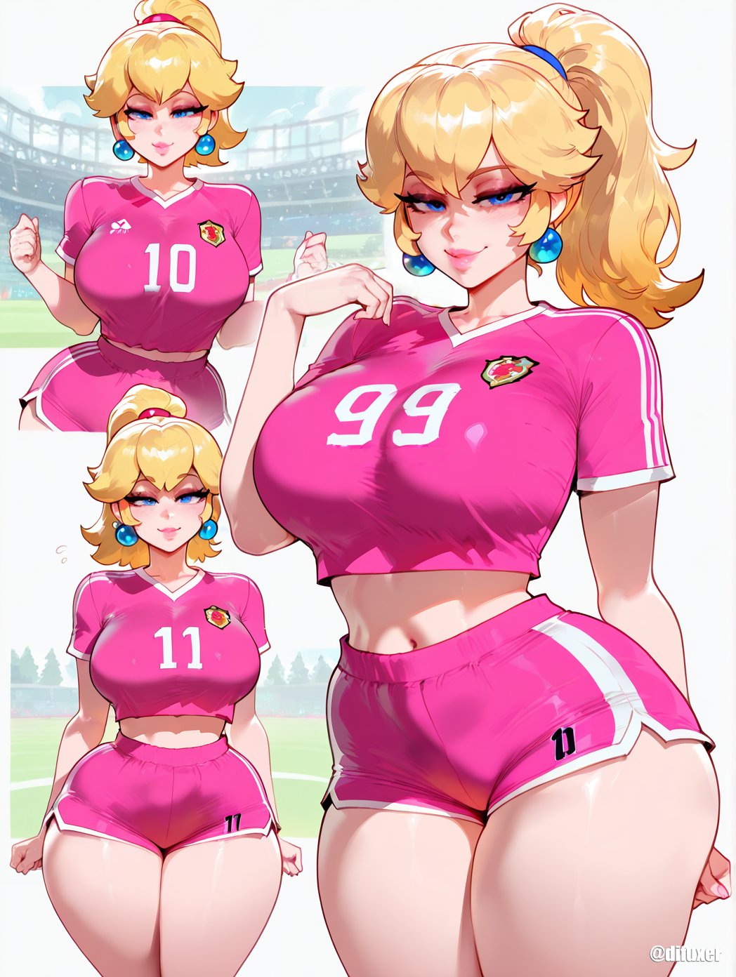 1girls ai_generated blonde_hair breasts difuxer female female_only large_breasts light-skinned_female light_skin mario_(series) princess_peach soccer_uniform solo sportswear thick_thighs thighs white_background wide_hips