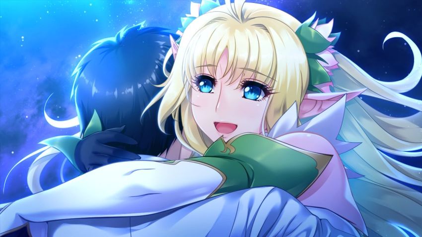 1boy 1girls aoi_nagisa_(artist) blonde_hair blue_eyes elf elf_female game_cg hug lucie_menelumia pointy_ears youkoso!_sukebe_elf_no_mori_e