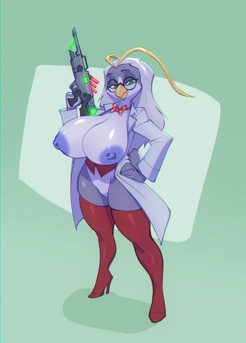 anthro avian big_breasts bigdad bird boots bow_tie breasts clothing coat corset eyewear female footwear frieda_locke frosti_loxxxe glasses green_eyes hair high_heeled_boots high_heels huge_breasts lab_coat laser_gun legwear lingerie nipple_piercing nipples penguin piercing ranged_weapon shoes solo thigh_boots thigh_highs topwear weapon white_hair