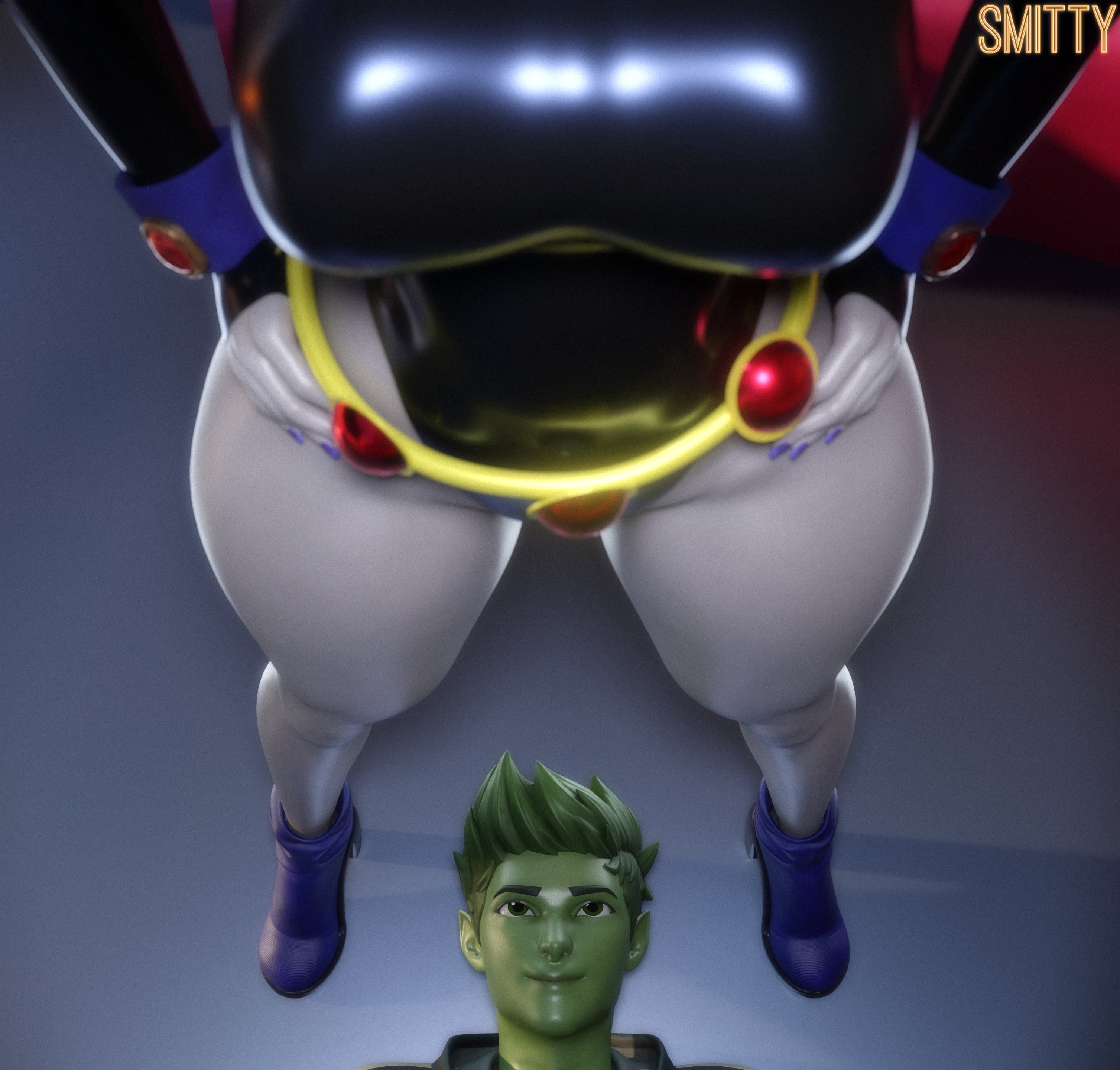 1boy, 1girls, 3d, 3d (artwork), beast boy, beast boy (fortnite), big breasts, breasts, cambion, clothed, clothed female, clothed male, dc, dc comics, female, garfield logan, gray skinned female, green skin, green skinned male, grey skin, grey skinned female, large boobs, large breasts, latex, male, rachel roth, raven (dc), smitty34, teen titans, thick thighs, thighs, voluptuous, voluptuous female
