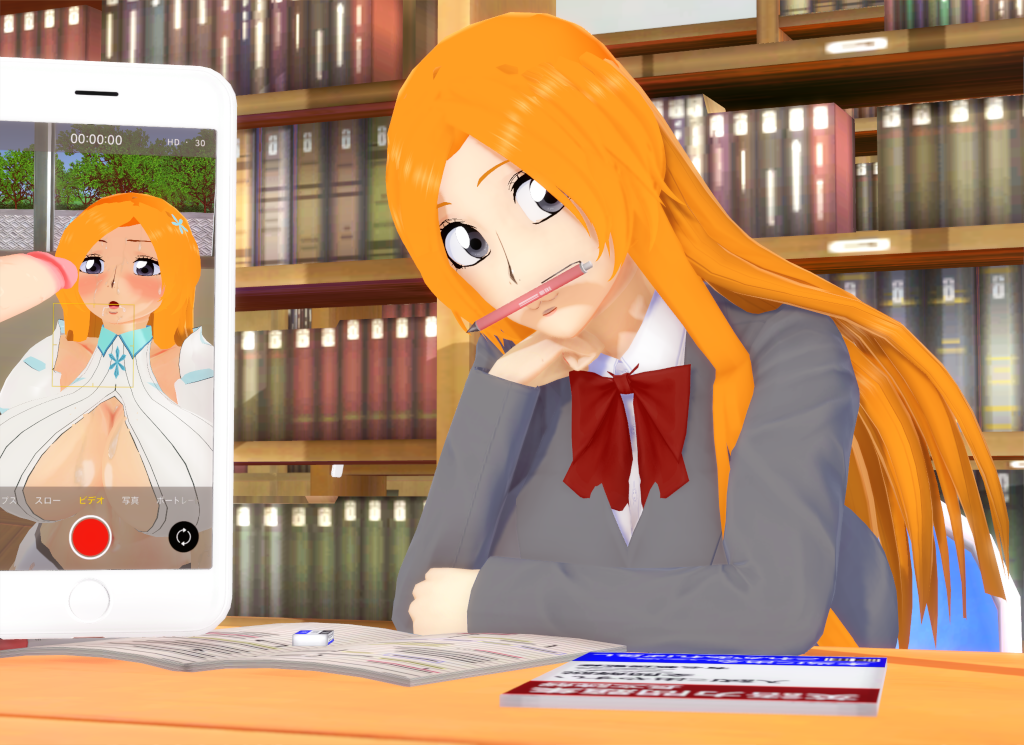 1girls 3d bleach bleach:_the_thousand-year_blood_war cleavage cleavage_cutout detached_penis detached_sleeves inoue_orihime koikatsu koikatsu_(medium) large_breasts orange_hair smartphone tagme uncensored