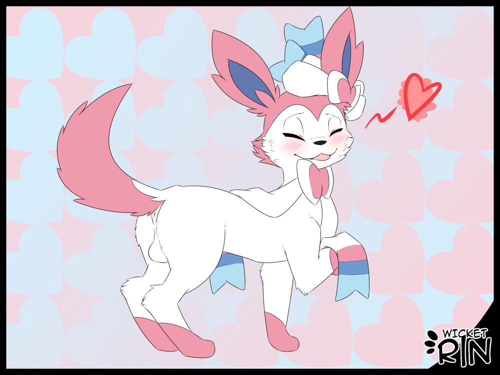 1boy 2018 anus ass blep blush canine classy closed_eyes eeveelution exhibition feet feral furry heart long_ears long_tail male male_only mammal nintendo paws pokémon_(species) pokemon pokemon_xy pose raised_tail ribbons simple_background solo sylveon testicles text tongue tongue_out video_games watermark wicketrin