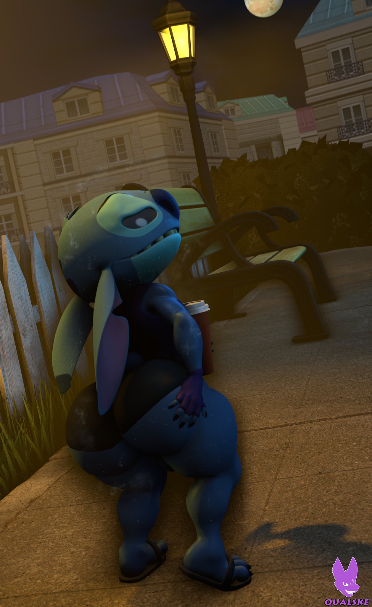 1boy 3d alien anthro ass ass bench big_ass big_butt big_thighs blue_body blue_fur coffee_cup cute cute_face cute_male femboy fingerless_gloves hand_on_butt lilo_and_stitch looking_back male qualske98 rain sandals sharp_teeth shorts smile source_filmmaker stitch thighs