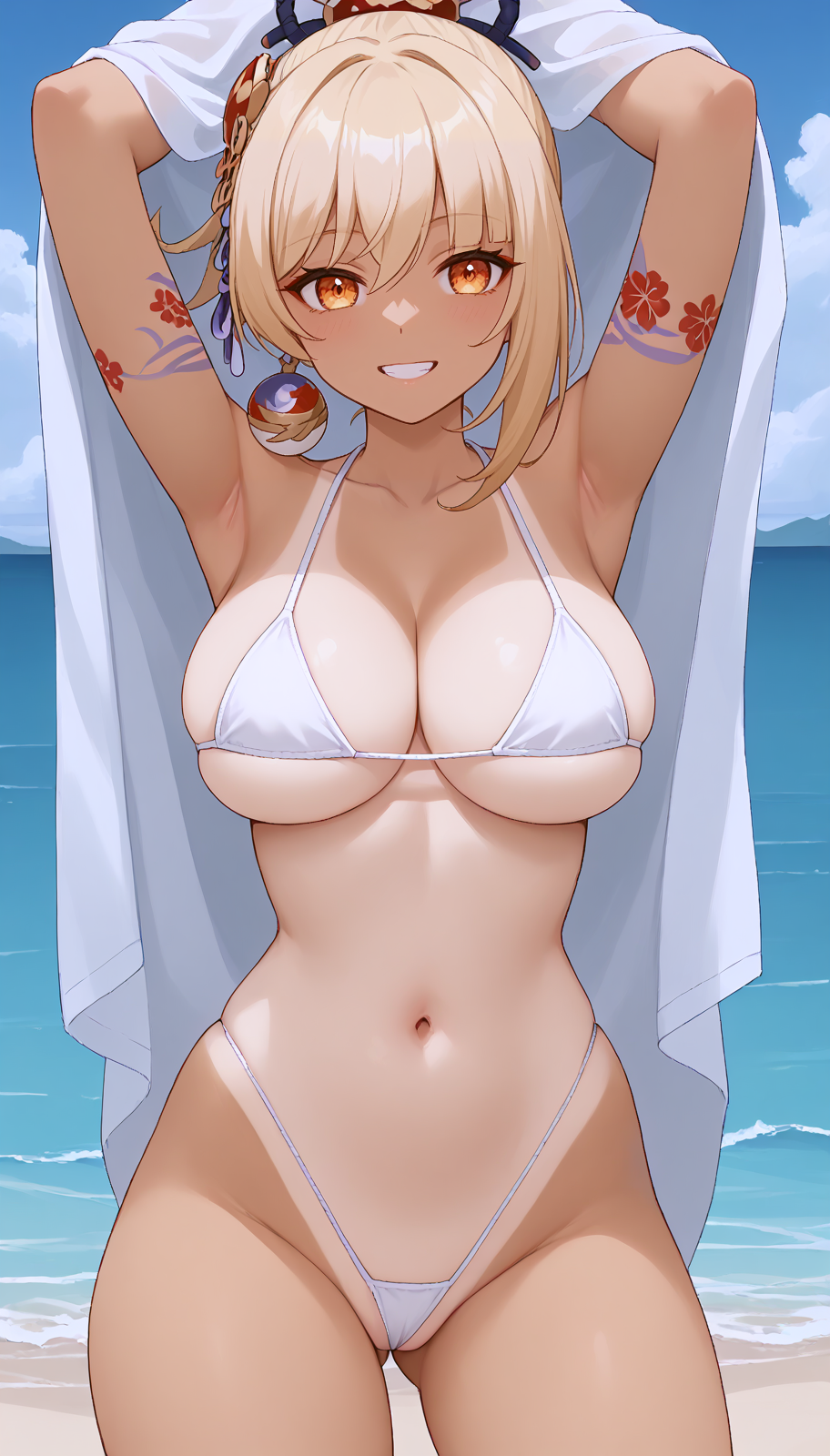 1girls ai_generated arm_tattoo bangs big_ass big_breasts big_butt blonde_female blonde_hair blonde_hair genshin_impact hair_ornament high_resolution highres hoyoverse jasse tagme tanline tanlines thighs thight_clothing tight_bikini tight_clothes yoimiya_(genshin_impact)