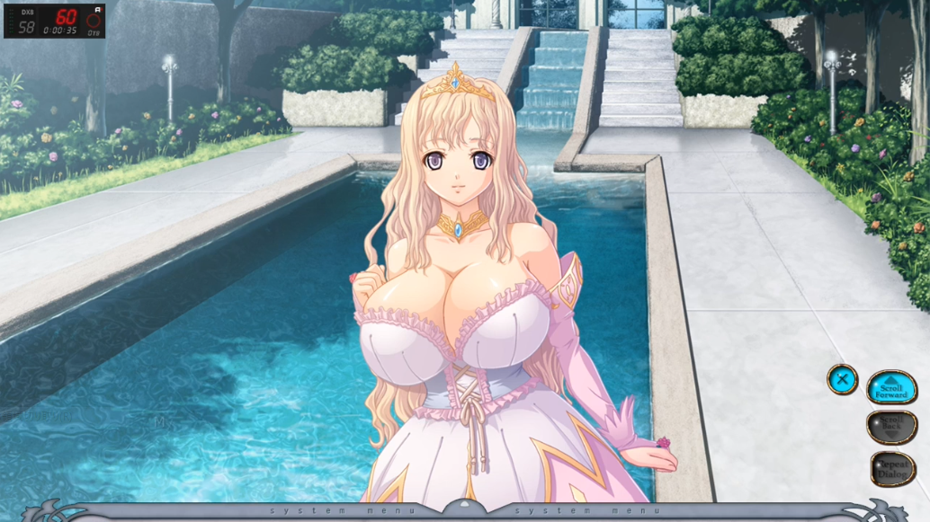 1girls bare_shoulders big_breasts blonde_hair blonde_hair_female blue_eyes breasts cleavage clothed_female female female_only game_cg gigantic_breasts glass huge_breasts hyper_breasts kyonyuu_fantasy long_blonde_hair luceria_von_diamante massive_breasts necklace open_eyes open_mouth platinum_blonde_hair pool princess purple_eyes smile stairs tiara tree waffle