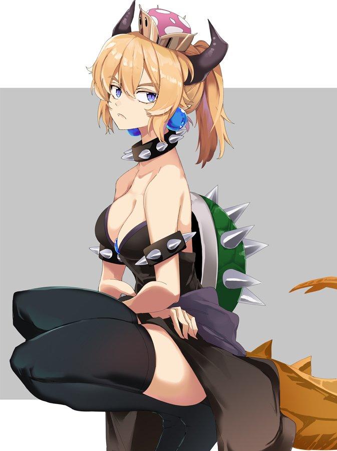 1girls, blonde hair, bowsette, cleavage, crouching, female, female only, fully clothed, genderswap, horns, kanameya, mario (series), new super mario bros. u deluxe, nintendo, rule 63, simple background, solo, squatting