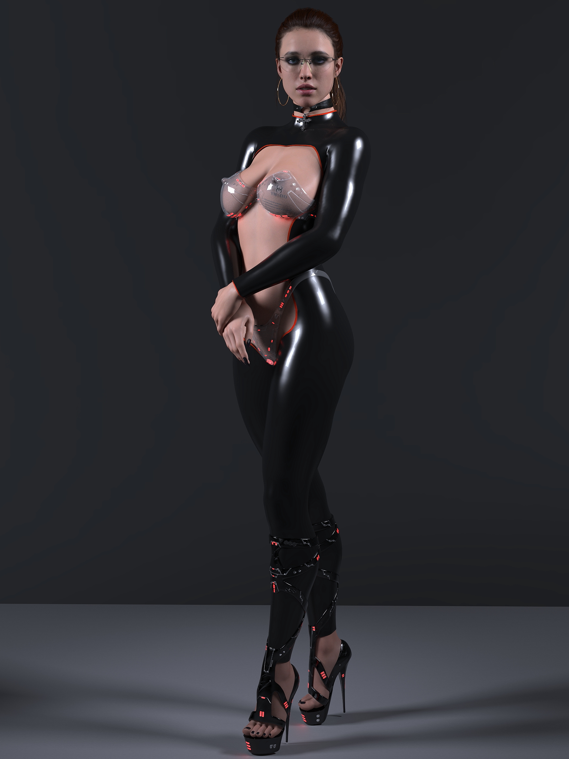 1girls, 3d, daz studio, death stranding, female, female only, full body, glasses, high heels, latex bodysuit, mama (death stranding), margaret qualley, platform heels, see-through bra, solo, very high heels, zauselzaus