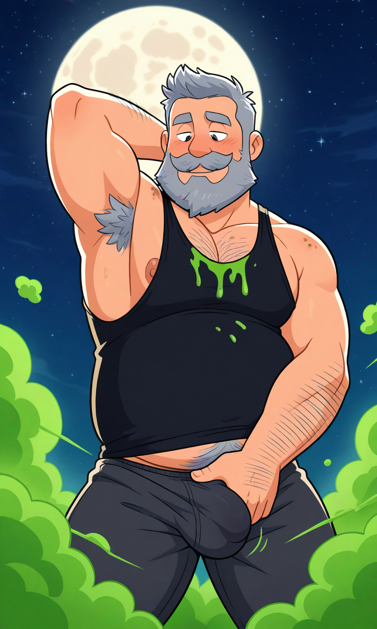 ai_generated bearded big_belly blush chubby chubby_male clothed dilf fat grabbing_bulge grabbing_penis grey_hair hairy_male hands_behind_head male_only mature_male old_man older_male pants pervert pervert_male solo solo_male stink_clouds stinky tank_top thick