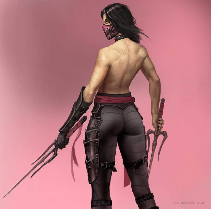 1girls artist_name back_view black_hair black_pants covering_mouth gloves long_hair looking_back mileena monster_girl mortal_kombat scar scars shirtless simple_background yellow_eyes