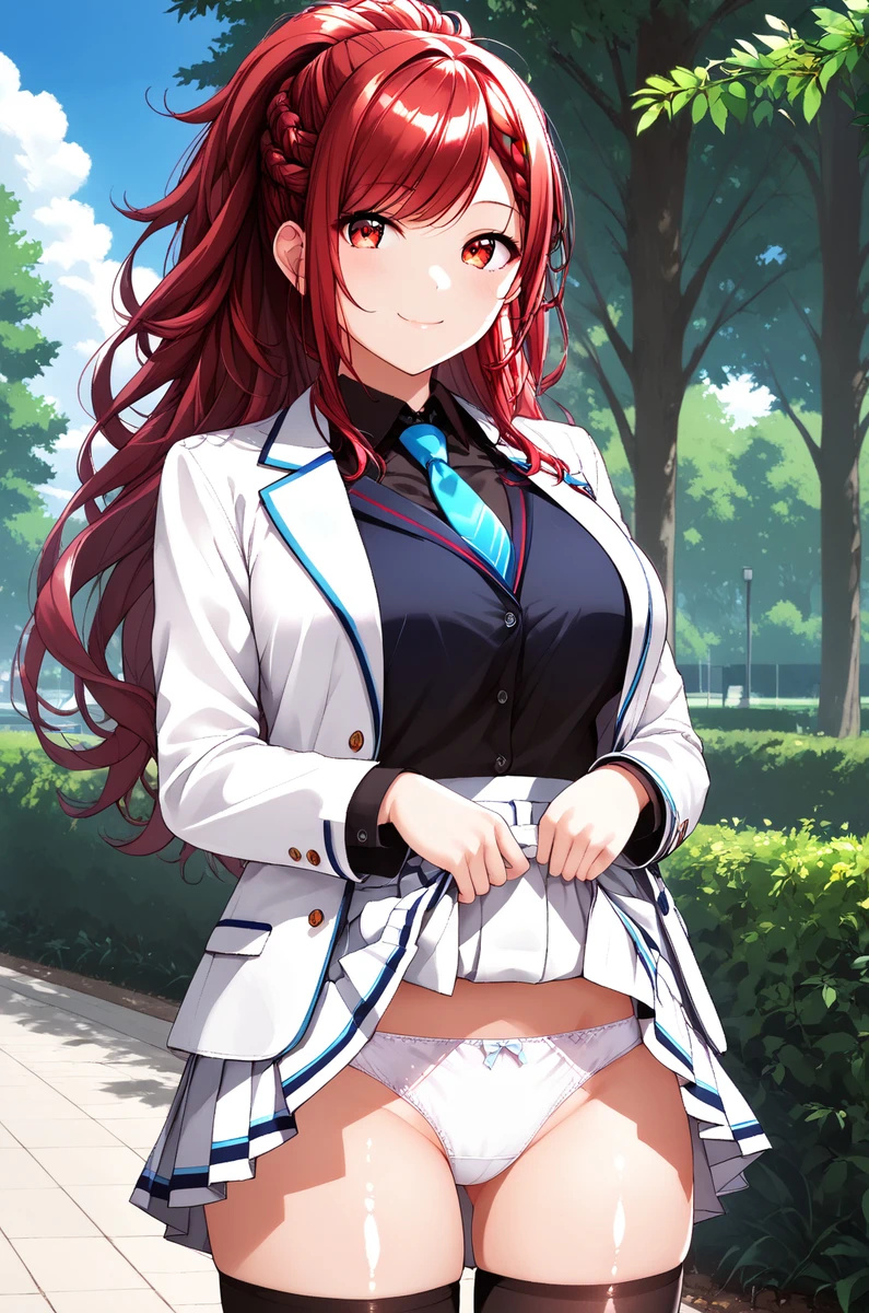 ai_generated bare_thighs big_breasts huge_breasts huge_thighs isekai_de_cheat_skill_wo_te_ni_shita_ore_wa_genjitsu_sekai_wo_mo_musou_suru kazama_kaede light-skinned_female light_skin looking_at_viewer massive_breasts panties pantyhose ponytail red_eyes red_hair school_uniform schoolgirl smiling solo_female squatting stockings sweat sweatdrop thick_body thick_female thick_thighs thighs upskirt voluptuous voluptuous_female yoshi_(artist)