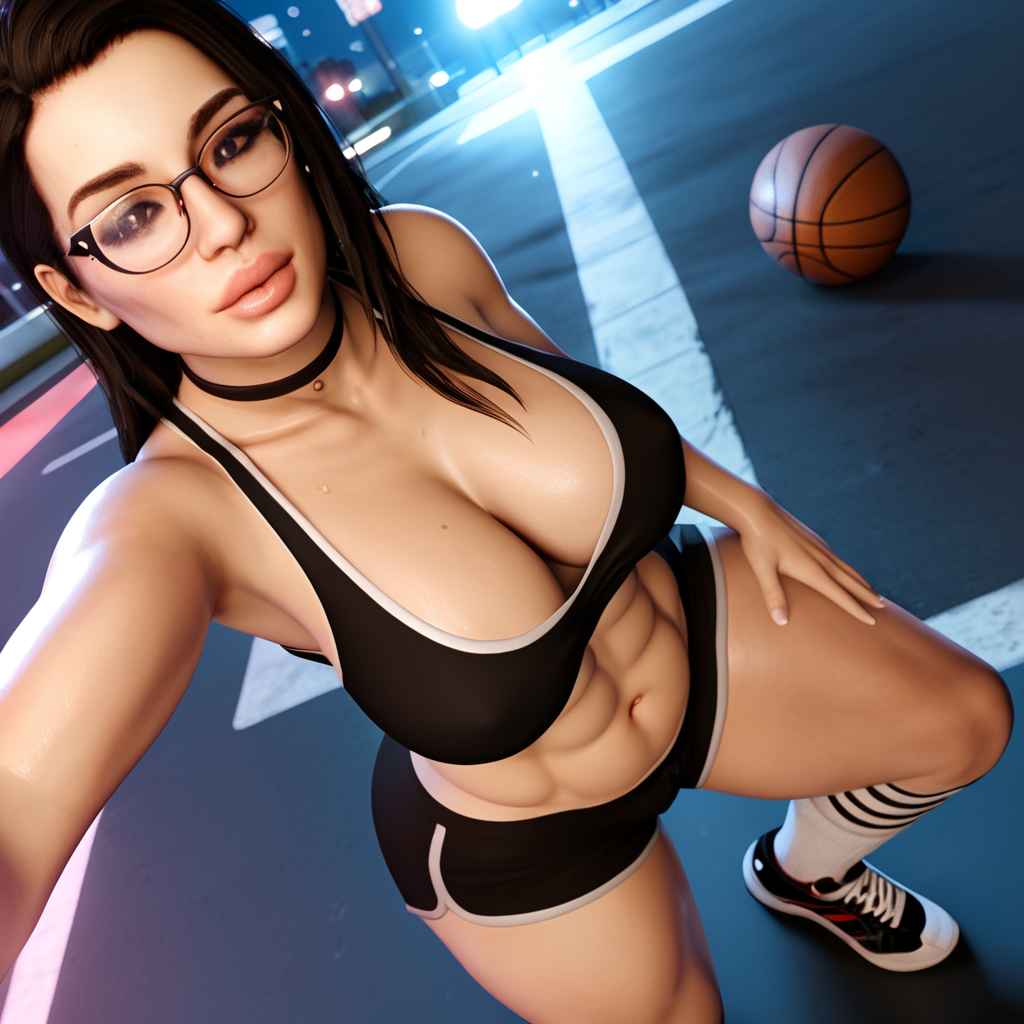 1girls abs ai_generated big_ass big_breasts black_hair choker glasses goth goth_girl kneehighs kneesocks lauren(oc) radnsad short_shorts shorts sneakers solo solo_female solo_focus sports_bra sweat sweaty thick_thighs