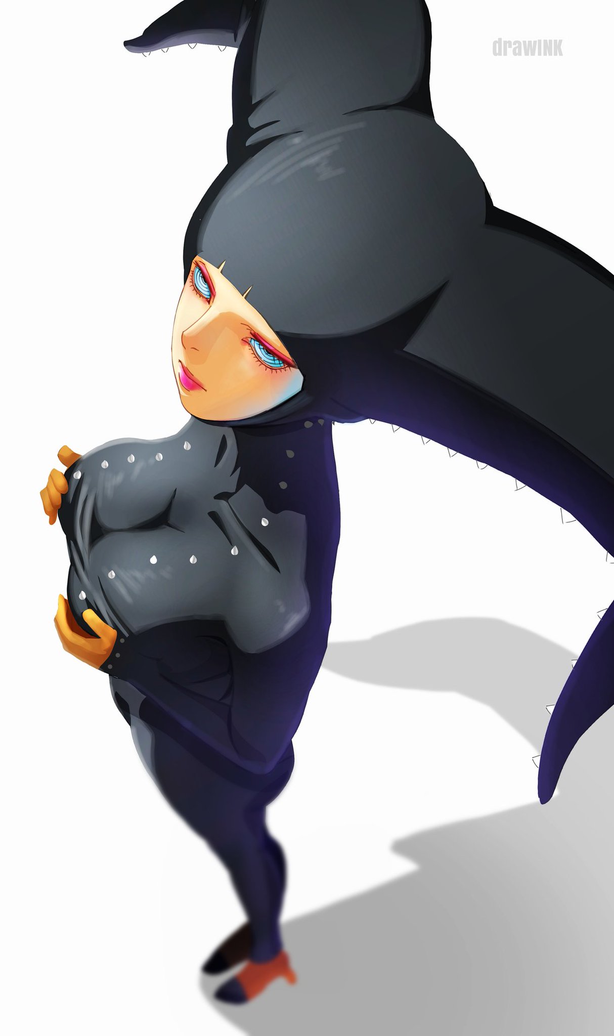 black_bodysuit bodysuit boruto:_naruto_next_generations boruto:_two_blue_vortex breast_grab breasts groping_breasts heels high-angle_view kazamatsuri_moegi leather leather_clothing matsuri_(boruto) naruto naruto_(series) rinnegan solo_female spikes squeezing_breast tight_clothes tight_clothing