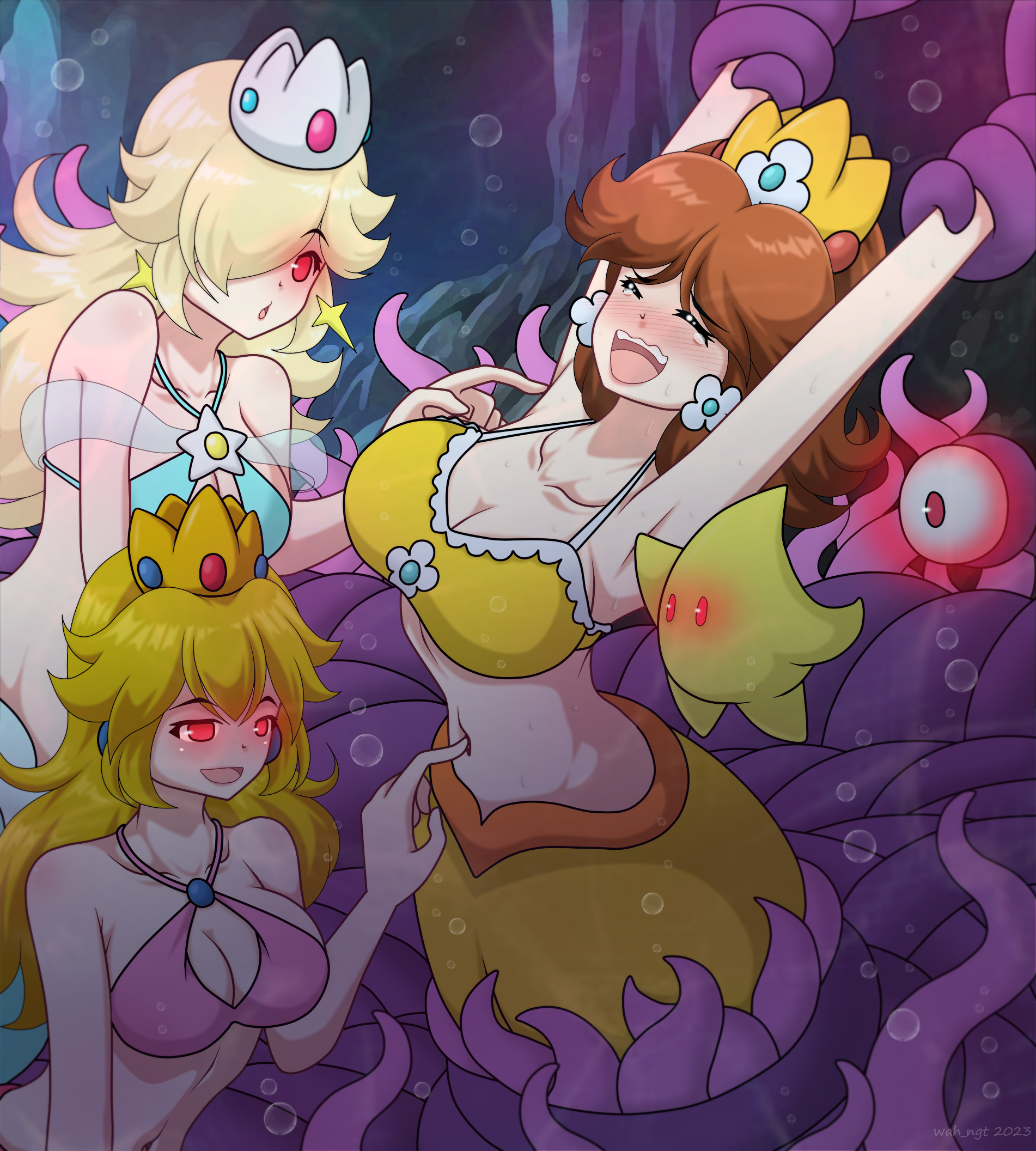 3girls, blonde hair, blush, bra, brown hair, cleavage, cleavage cutout, closed eyes, coils, collarbone, crown, earrings, emblem, female, female only, femsub, flower earrings, glowing eyes, hair covering one eye, happy trance, huge breasts, hypnosis, hypnotic eyes, large breasts, laughing, luma, mario (series), mermaid, midriff, mind control, multiple girls, multiple subs, navel, navel play, nintendo, open mouth, princess daisy, princess peach, princess rosalina, red eyes, resisting, restrained, see-through, short hair, smile, sub on sub, super mario bros., tentacle, tickling, underwater, wah-ngt