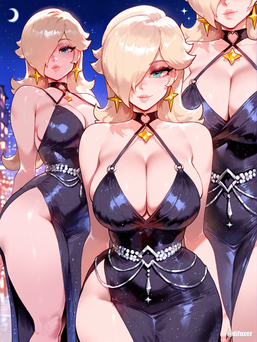 1girls ai_generated ass blonde_hair blue_eyes breasts cleavage difuxer dress female female_only hair_over_one_eye large_ass large_breasts light-skinned_female light_skin mario_(series) princess princess_rosalina solo solo_female super_mario_bros. super_mario_galaxy wide_hips