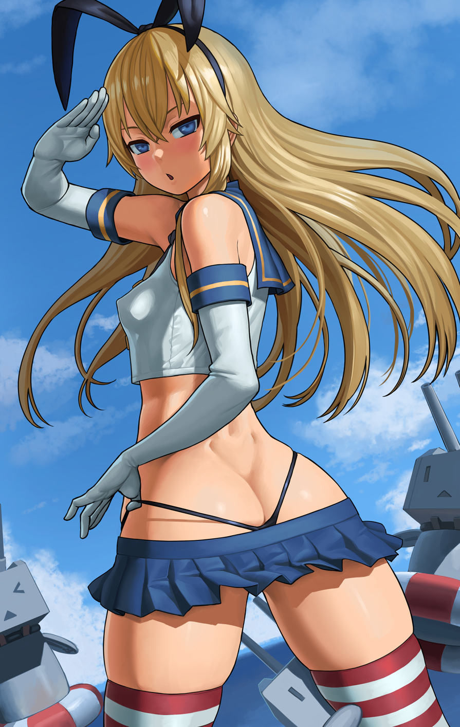 blonde_hair blue_eyes breasts cleavage female female_only kantai_collection lasterk looking_at_viewer looking_back panties shimakaze_(kantai_collection) solo thighhighs