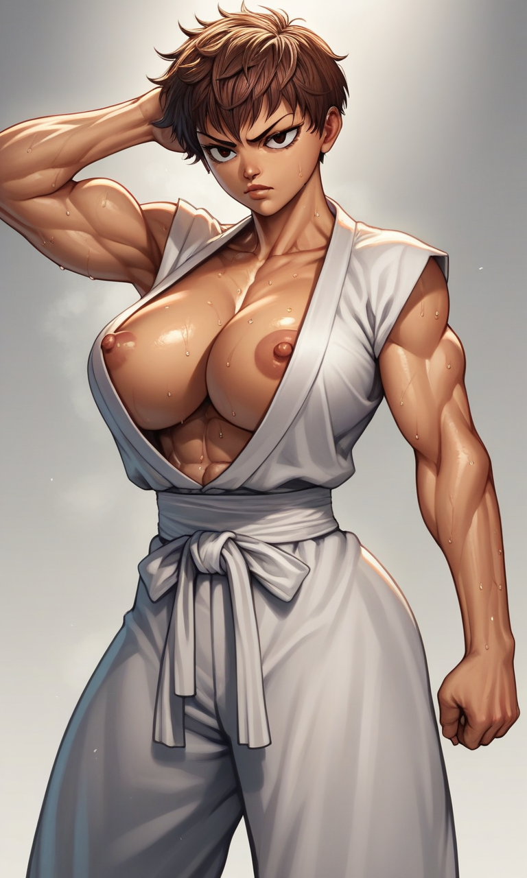 1girls abs ai_generated black_belt brown_hair gi huge_breasts kosine1777 kosineverse martial_arts martial_arts_uniform muscular muscular_female nipple_slip nipples open_clothes open_gi original original_character reiko_(kosine1777) short_hair tan_body tan_skin tomboy toned toned_body toned_female