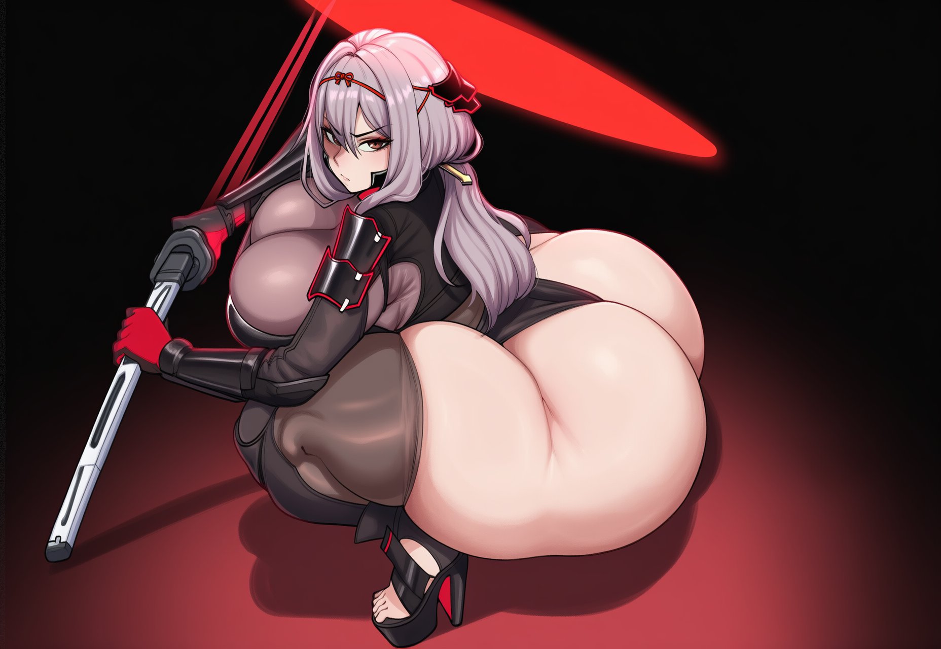 1girls, 2d, ai generated, armor, ass, ass focus, big ass, big breasts, big butt, big thighs, blush, bodysuit, breasts, bubble butt, cleavage, closed mouth, female, female only, gigigens, gloves, goddess of victory: nikke, grey hair, hair between eyes, high heels, holding, holding sword, holding weapon, huge ass, huge breasts, huge butt, huge thighs, large ass, large breasts, large butt, large thighs, leotard, long hair, looking at viewer, looking back, massive ass, massive breasts, massive butt, nikke, red eyes, red gloves, scarlet (nikke), shoulder armor, solo, solo female, squatting, sword, thick ass, thick butt, thick thighs, thighhighs, thighs, thong, thong leotard, weapon
