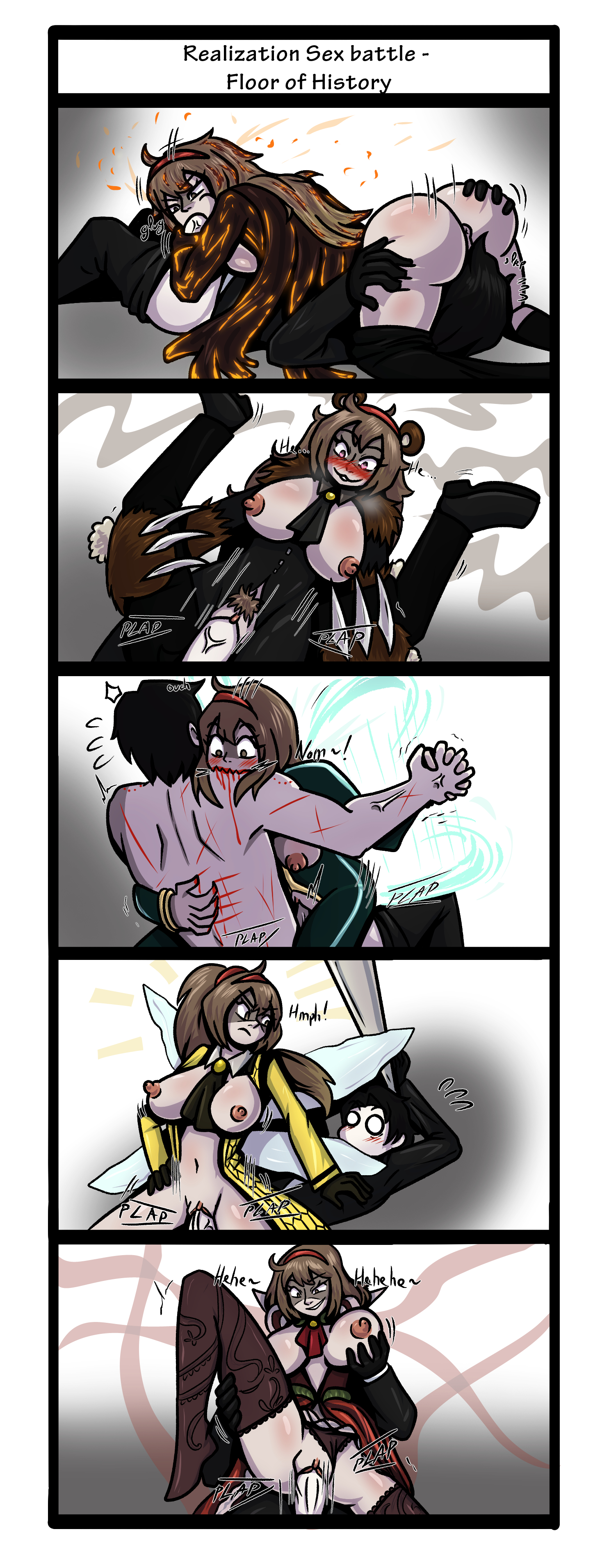 1boy, 5koma, 69, 69 position, anal, anal sex, bakaiju, biting, biting shoulder, black hair, blood in mouth, blowjob, blush, brown hair, comic, different outfits, e.g.o (project moon), eating ass, fairy festival, fanon couple, female, groping, groping breasts, handholding, headband, hex nail (e.g.o), library of ruina, lobotomy corporation, malkuth (library of ruina), malkuth (lobotomy corporation), non-canon couple, possessed, possession, project moon, red headband, roland (library of ruina), shipping, sound effects, sucking, sucking penis, vaginal penetration, vaginal sex