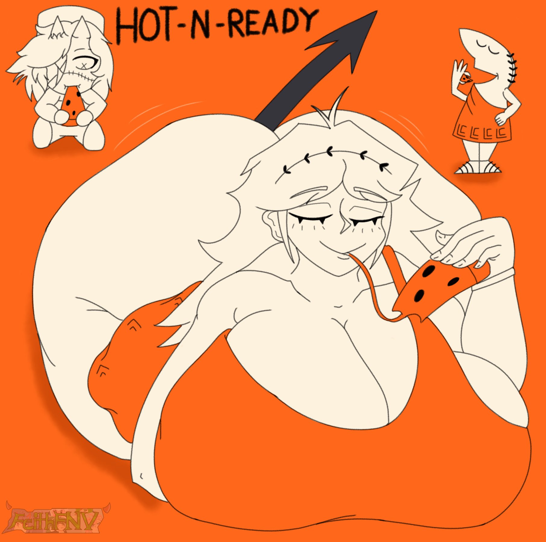 1boy, 1boy1girl, 1girl1futa, 1girls, 2020s, 2026, 2026s, art trend, big cleopatra, big cleopatra (dangitdanger), bottom heavy, character in background, curvaceous, curvaceous figure, curvy, curvy body, curvy female, curvy figure, curvy hips, digital drawing (artwork), digital media (artwork), eating, eating food, extra thicc, female focus, giant ass, gigantic ass, gigantic booty, hi res, highres, jpg, keithfnv, little caesar, little caesars, massive ass, monochrome, orange background, pointed tail, tail, thicc, thicc ass, voluptuous, voluptuous female, watermark